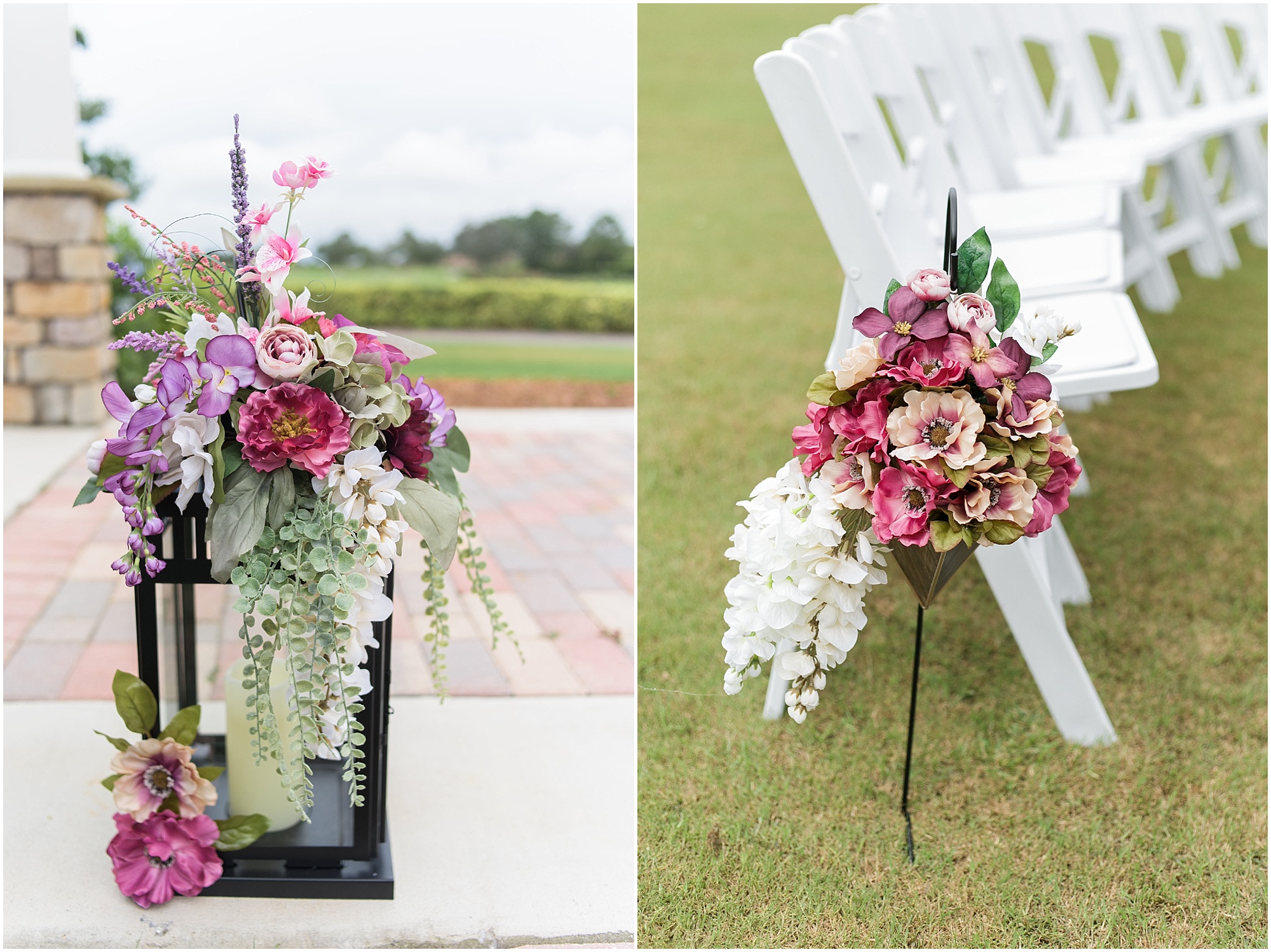 Floral ceremony decorations in shades of pink and purple. 