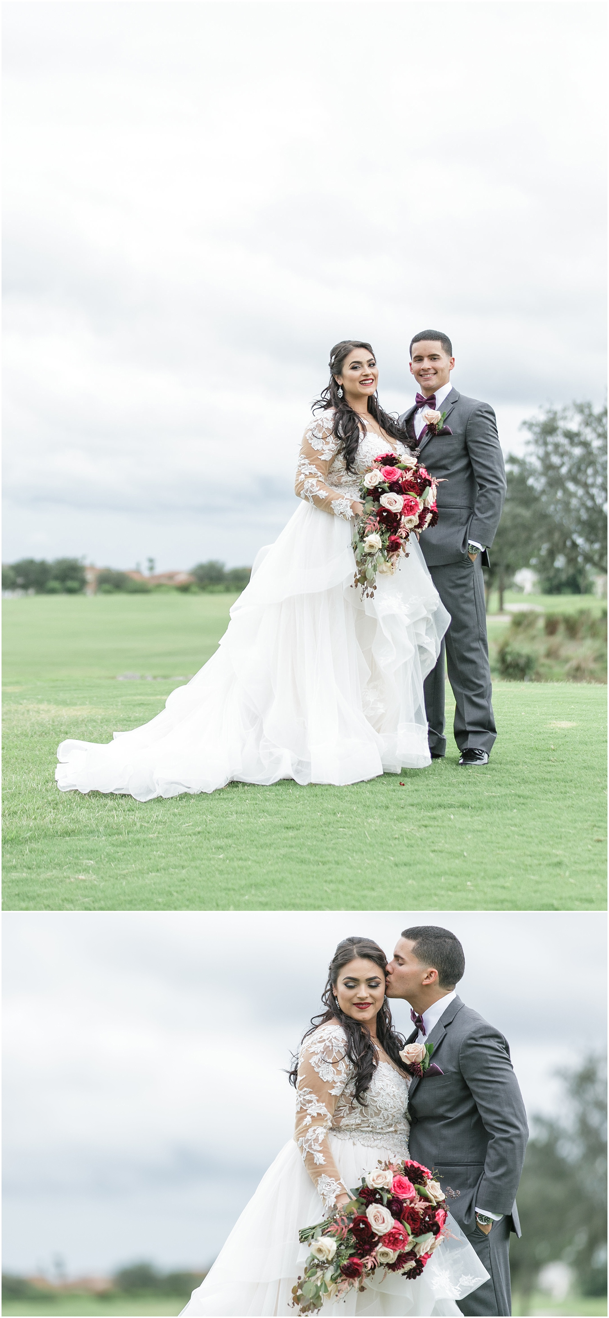 Bride and groom taking photos together while standing on a golf course. 