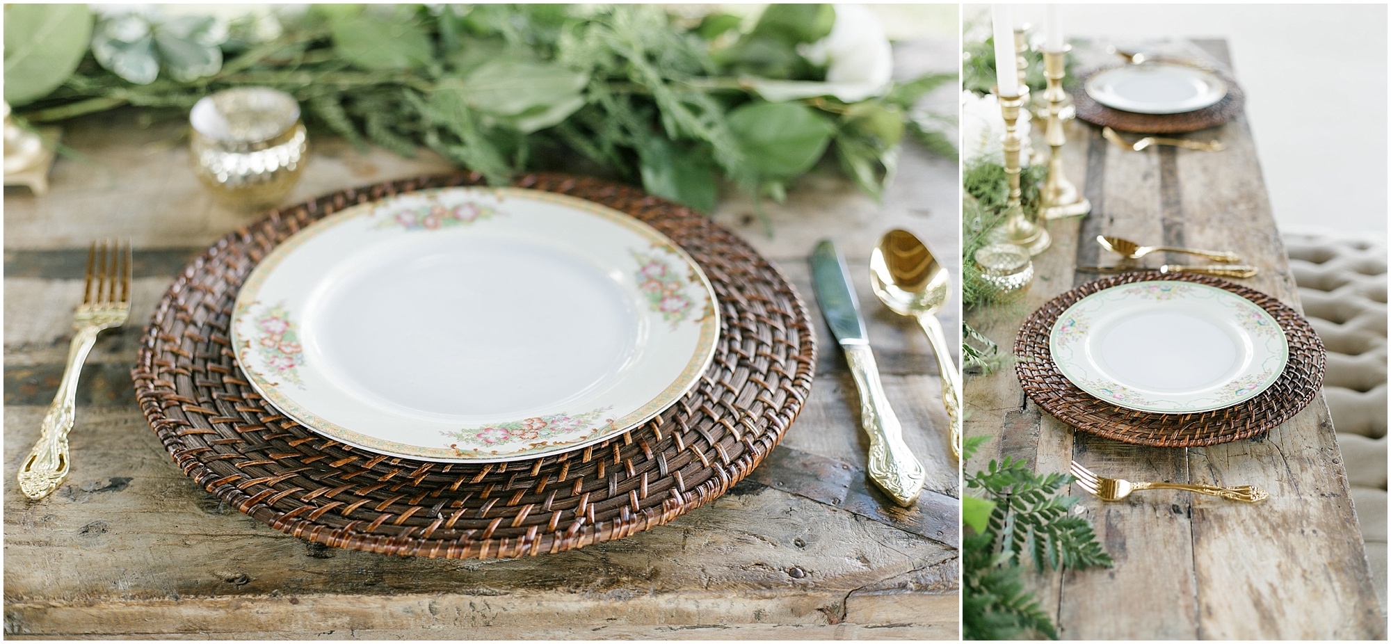 Vintage plates sitting on top of brown wicker chargers. 