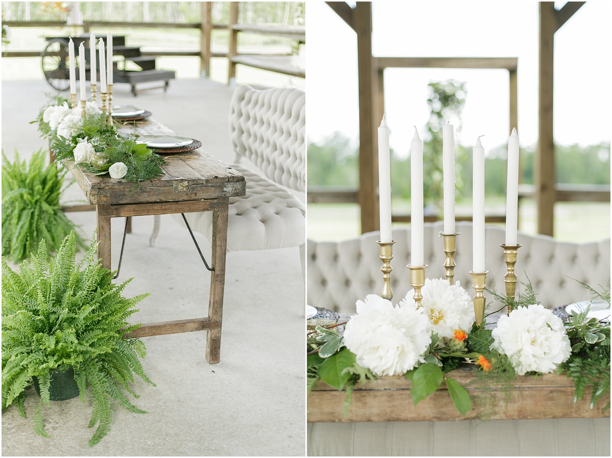 Sweetheart table from rustic wedding with green ferns and white and green florals. 