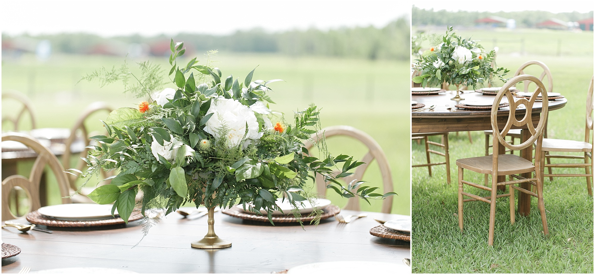 Centerpieces and wood chairs at an outdoor reception. 