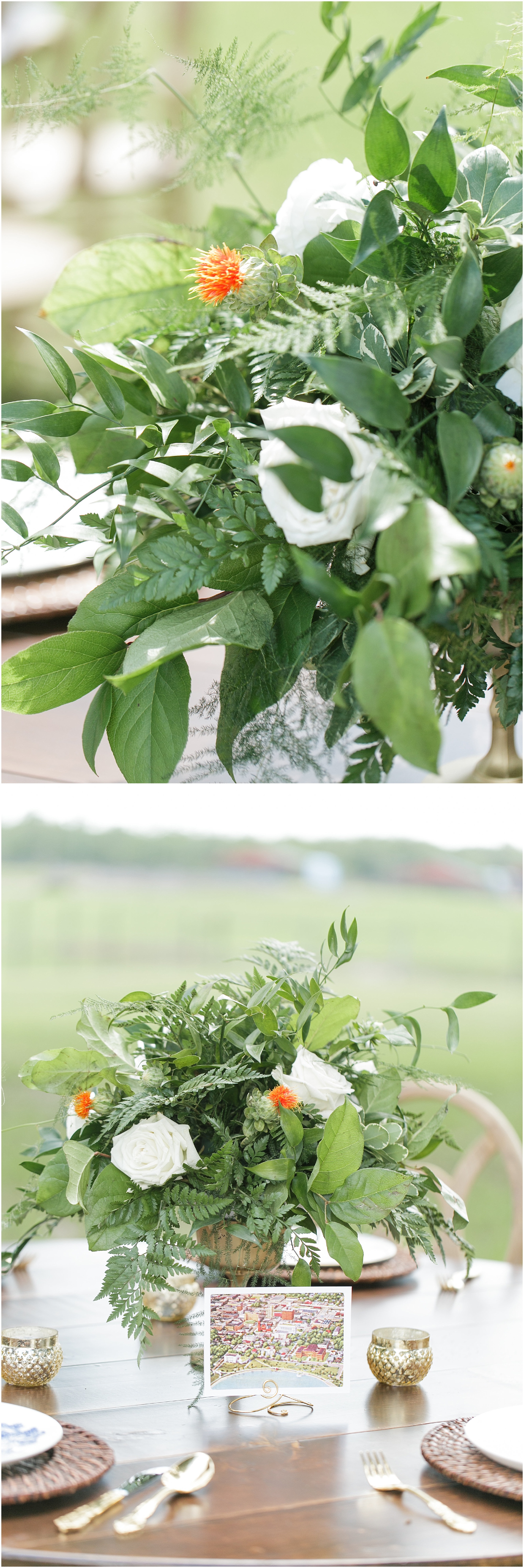 White flowers and greenery from rustic wedding. 