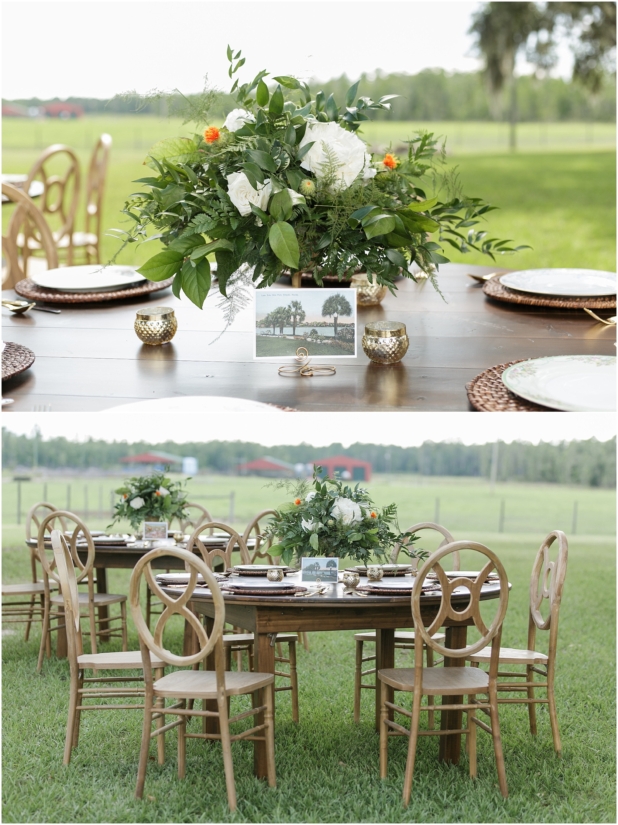 Reception table with greenery and white flowers for the centerpiece. 