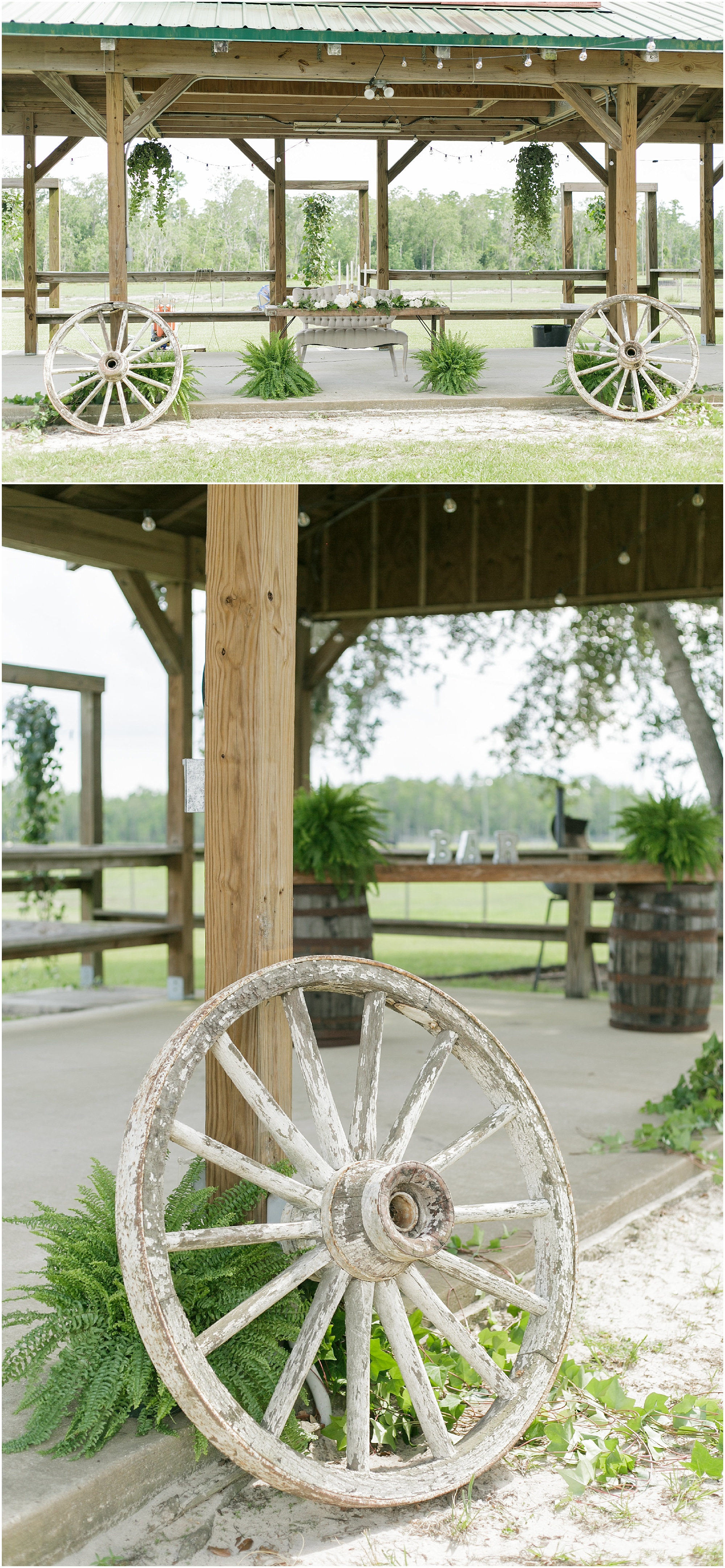 Wagon wheel used to decorate sweetheart table setup. 