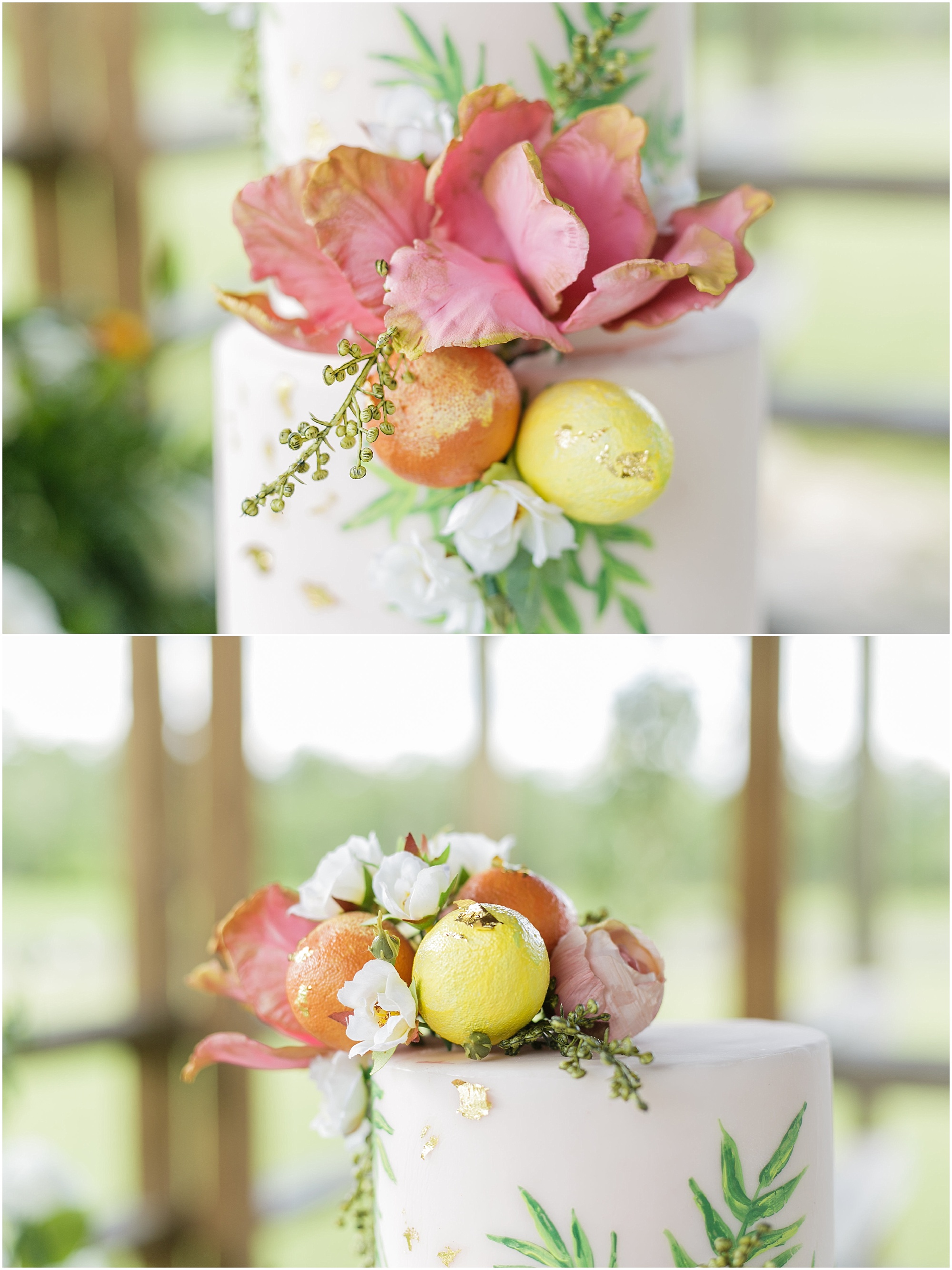 Close up details of a citrus wedding cake. 