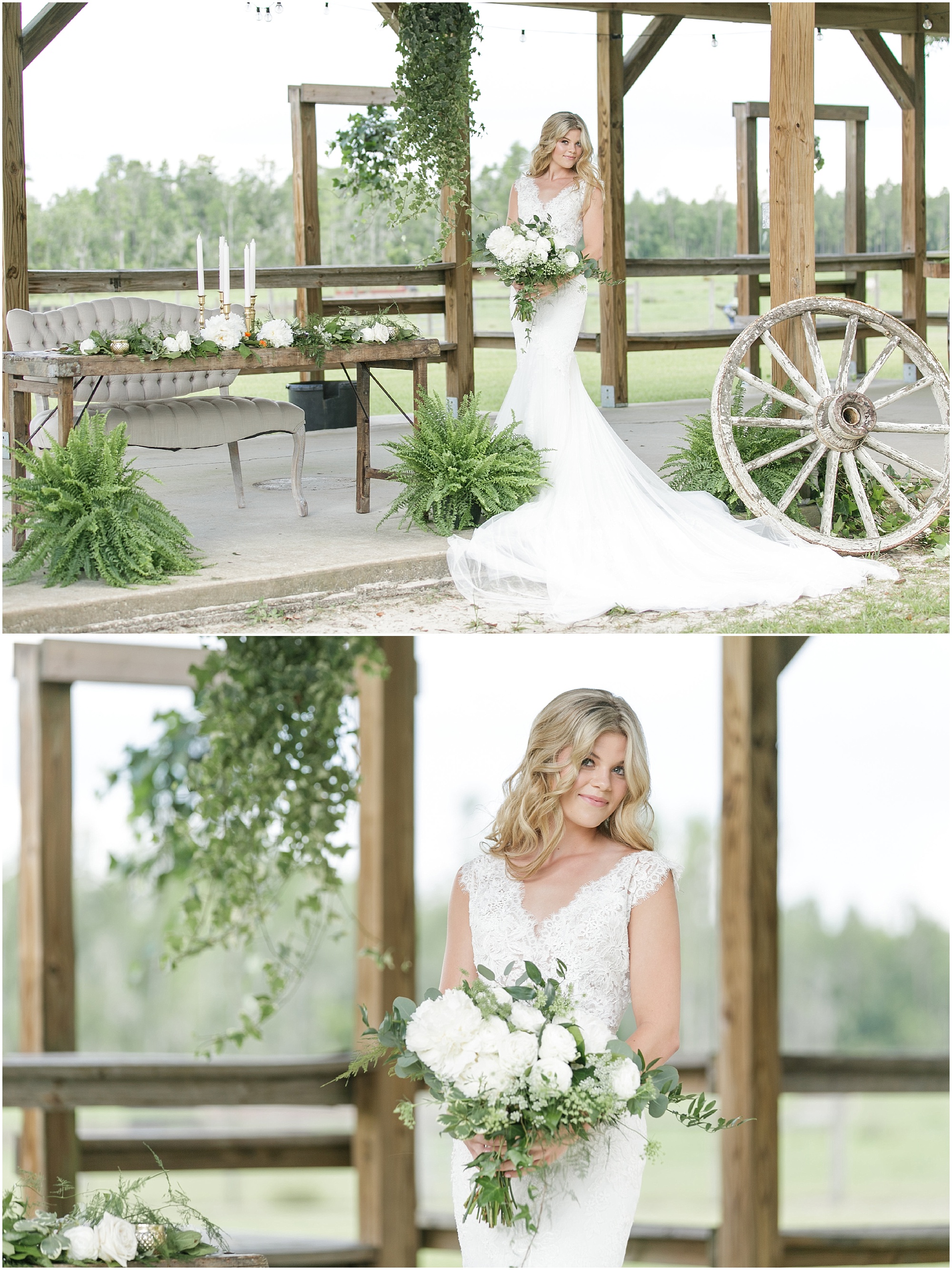 Bride in a white wedding dress holding a green and white bouquet.