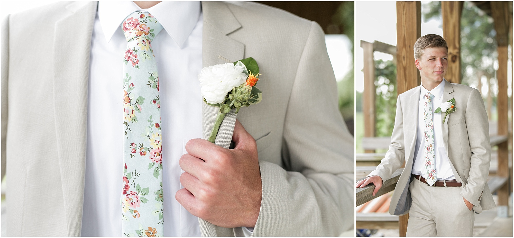 Close up of the groom's floral tie and white flower boutonnière. 