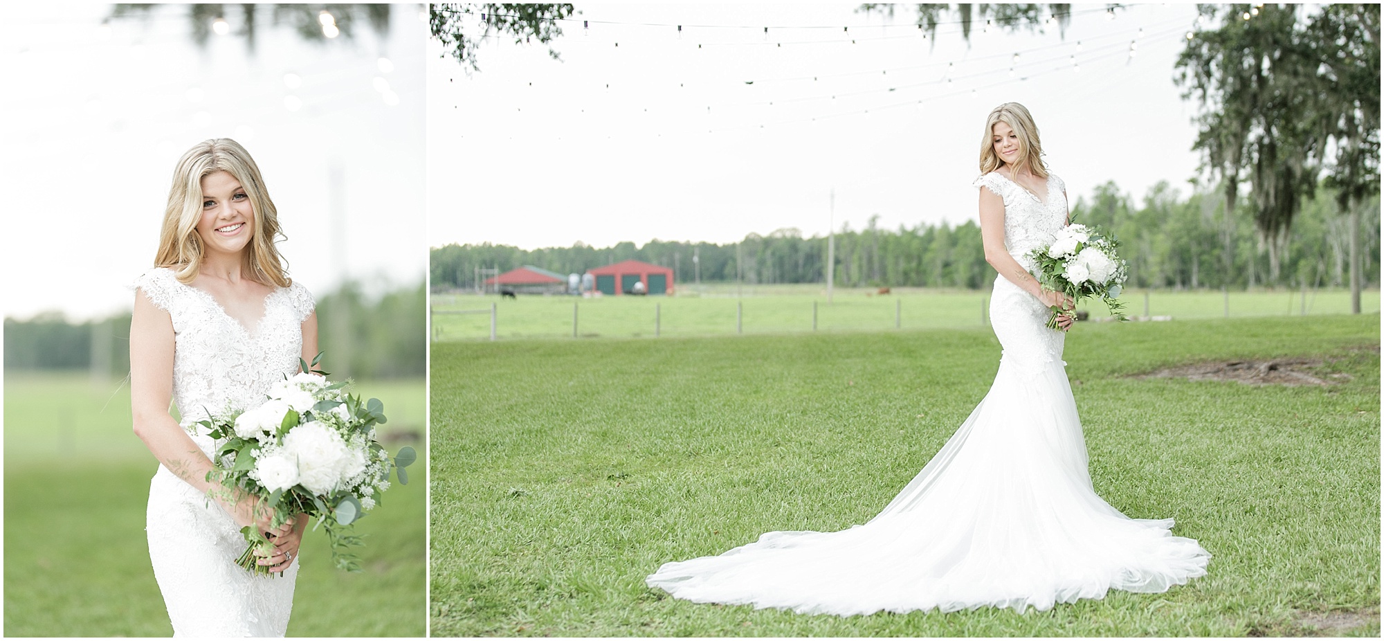 Bride taking her portraits in the grass field. 