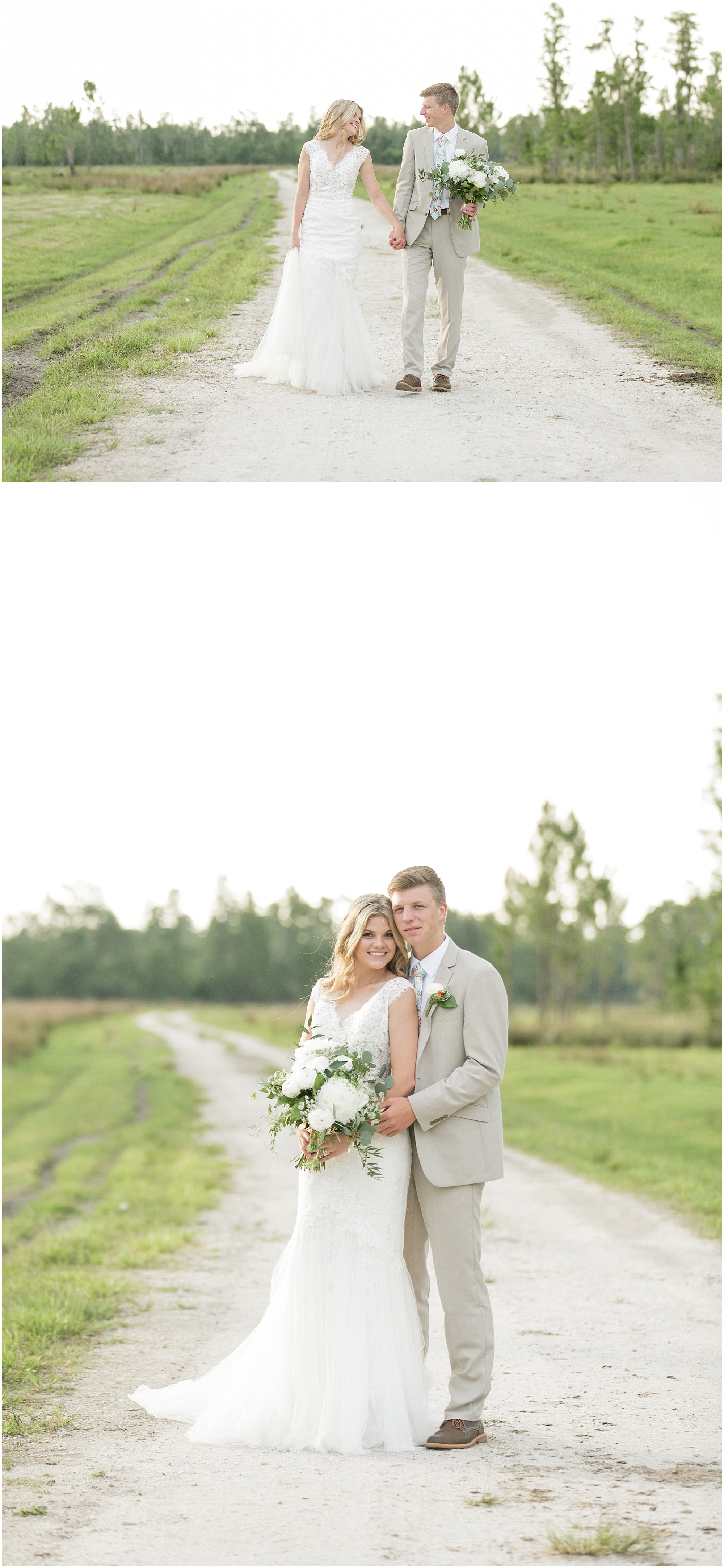 Newly wedded couple taking photos on a dirt road. 