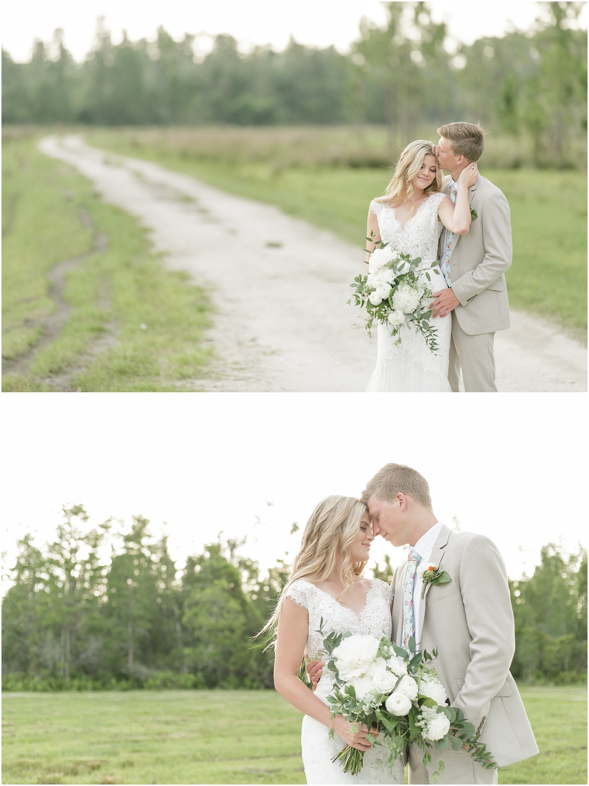 Bride and groom taking close up photos on a dirt road.