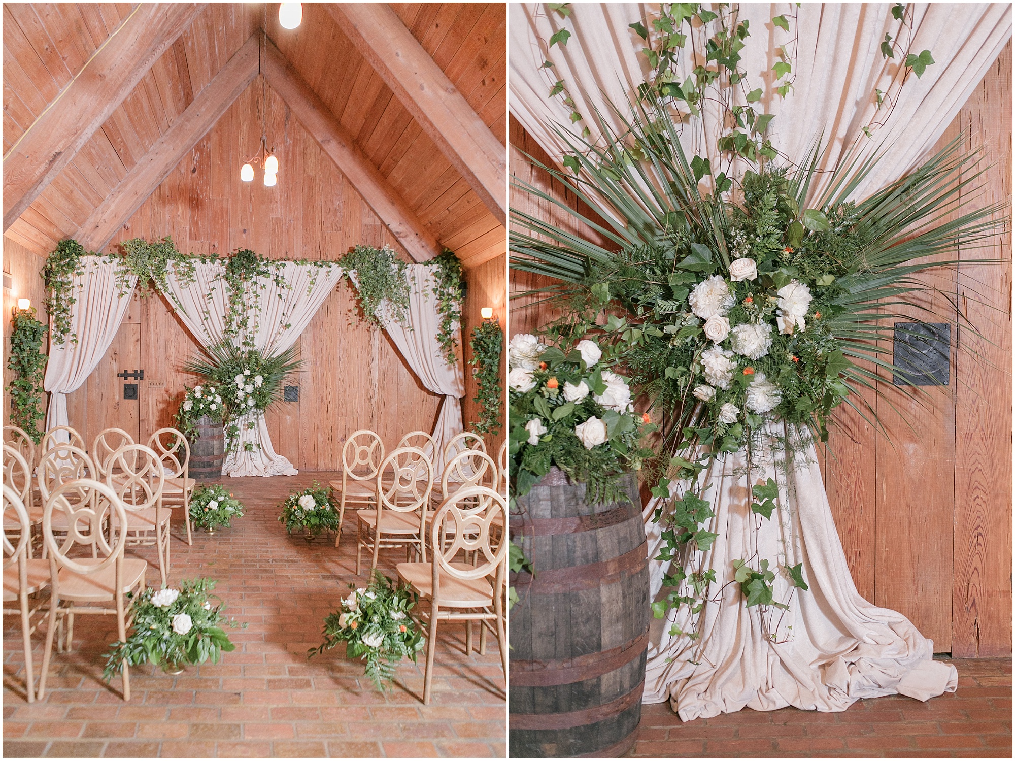 Green and white floral decor in the indoor ceremony space. 