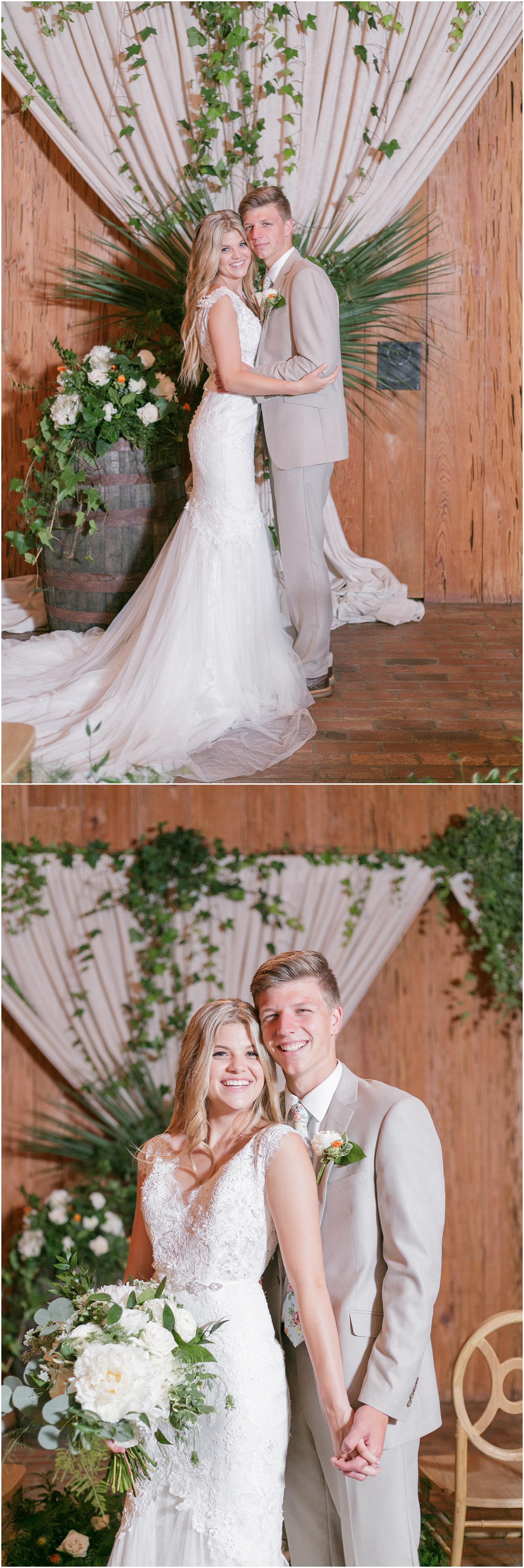 Portraits of the bride and groom together at the alter in the indoor ceremony space. 