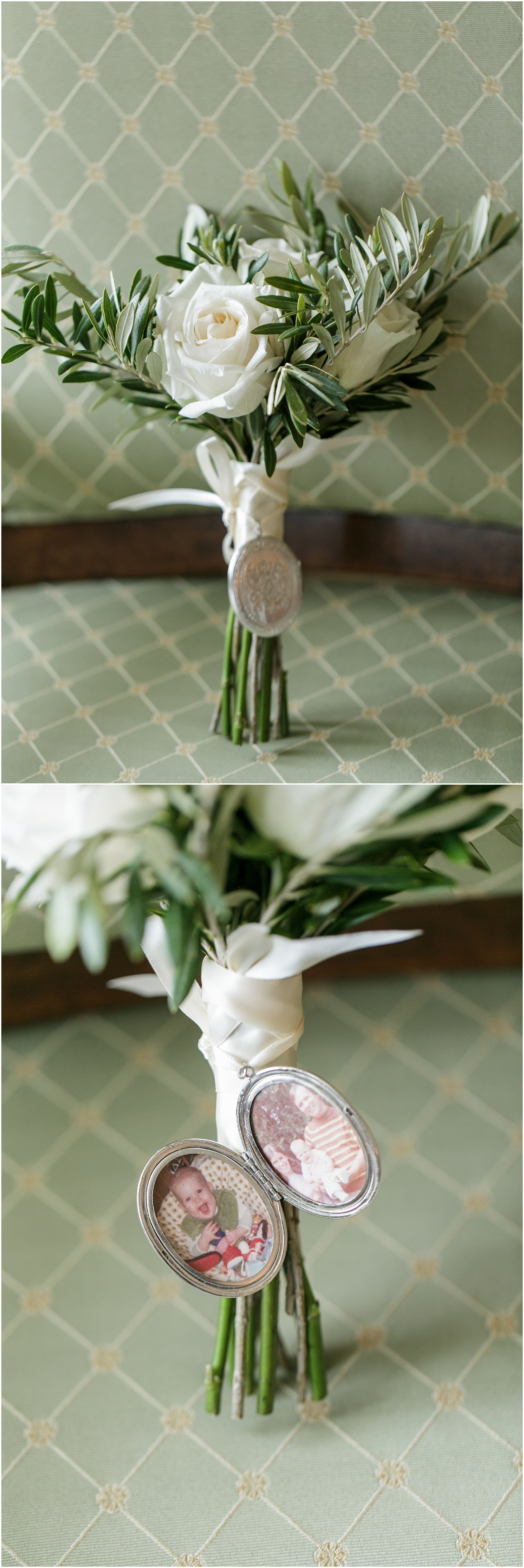 Small green and white wedding bouquet with a locket attached around the stems