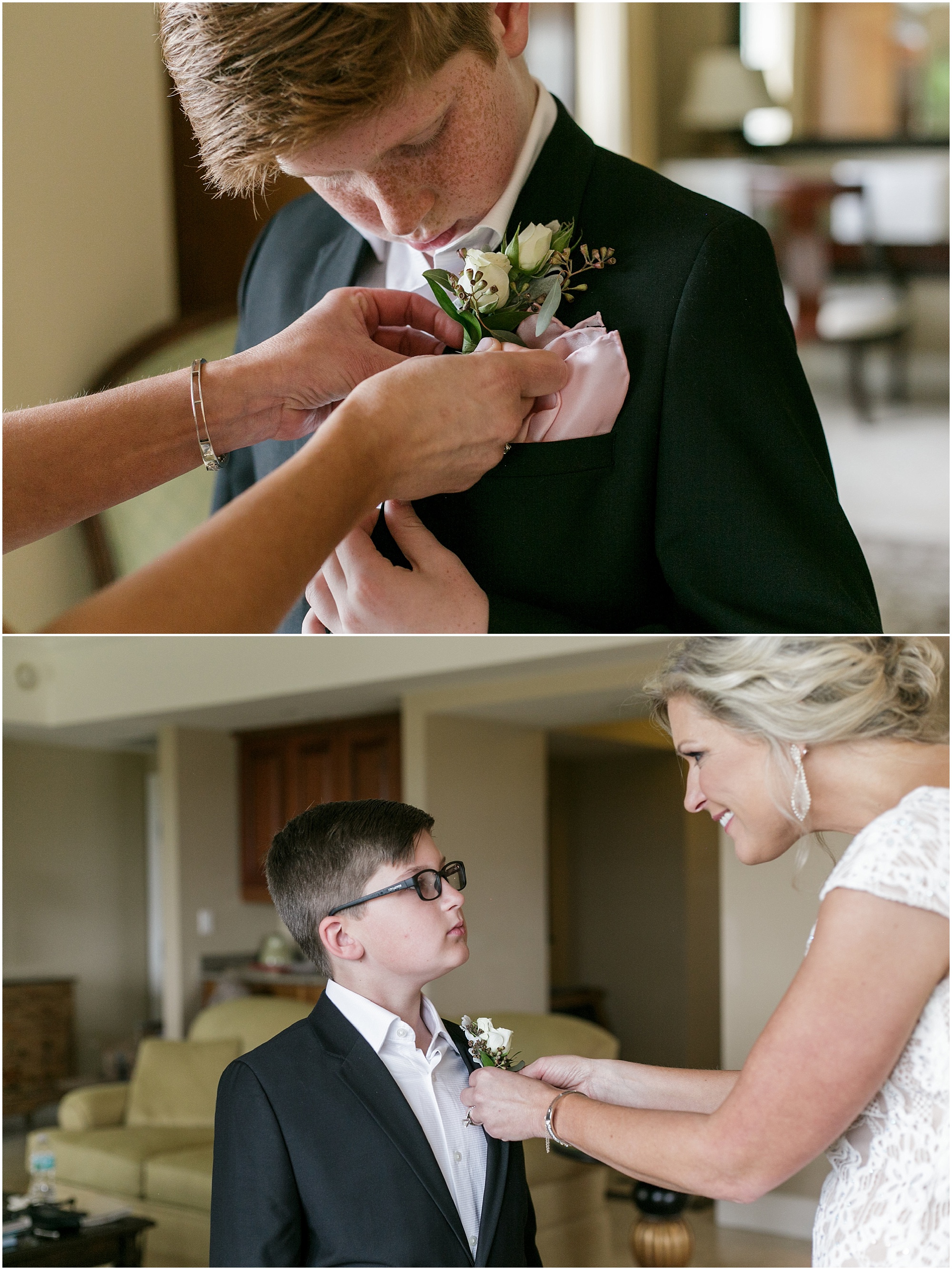 Bride putting boutonnieres on her sons. 