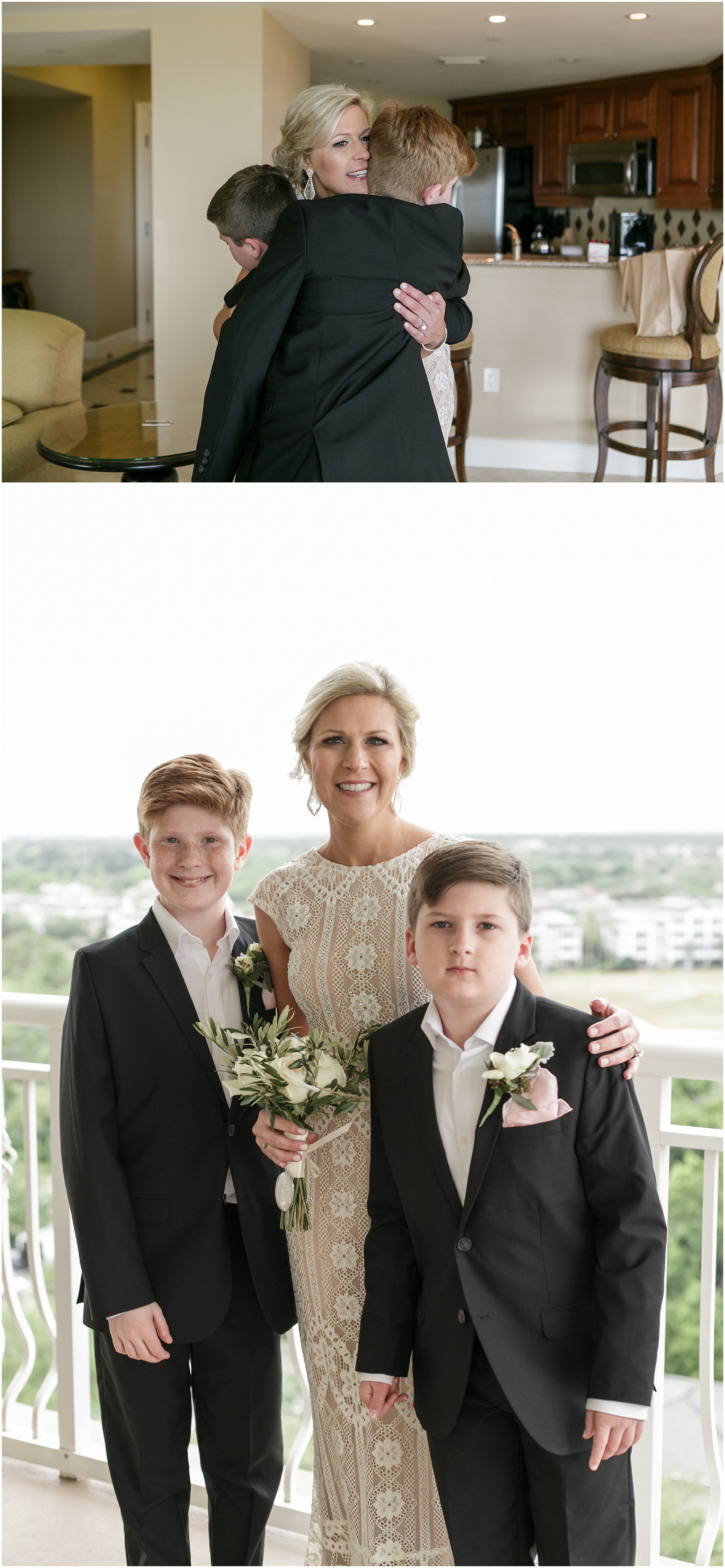 Mom giving her sons a hug and taking photos with them on the balcony.
