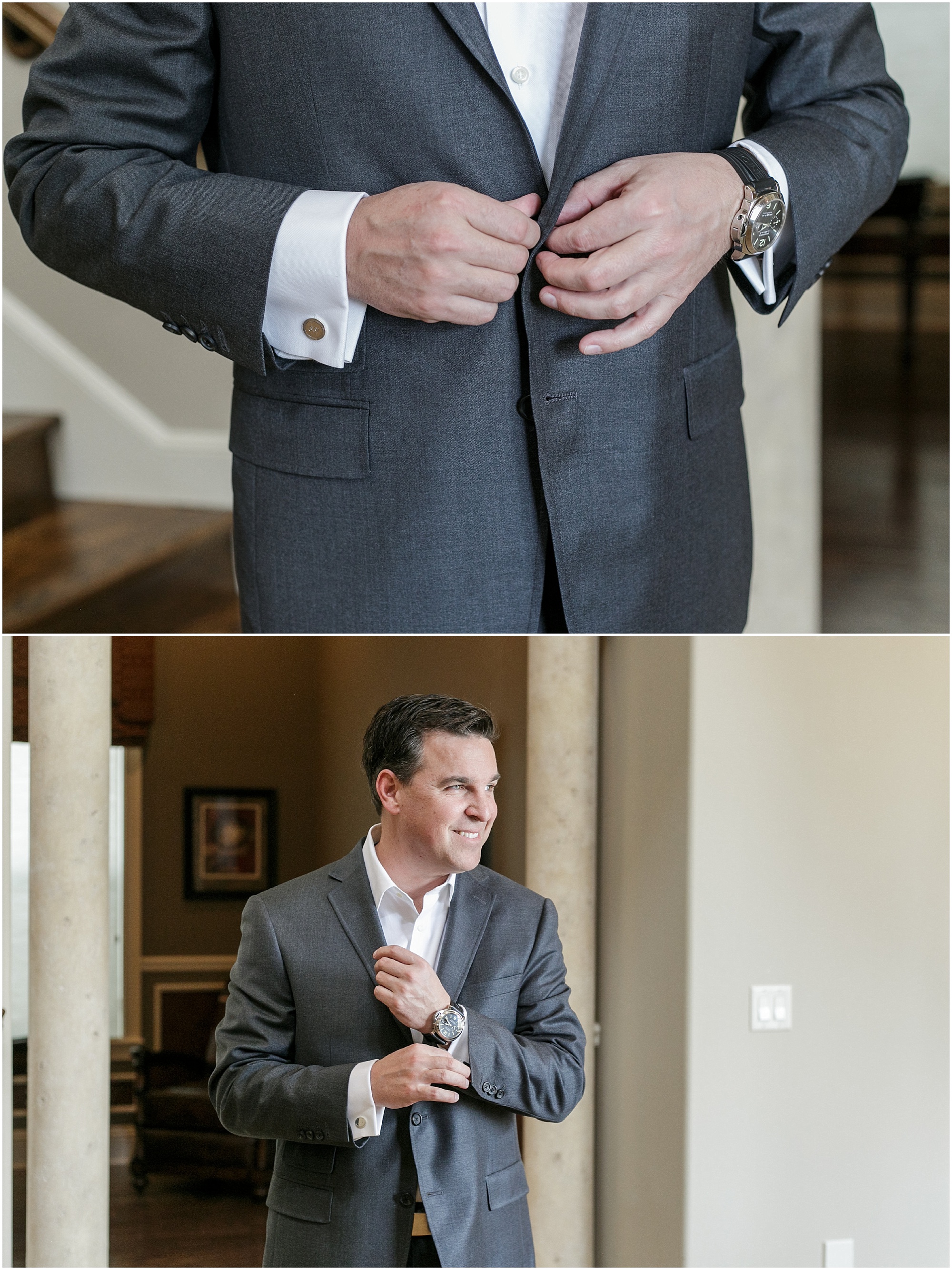 Groom putting on his jacket and making final adjustments to his suit. 