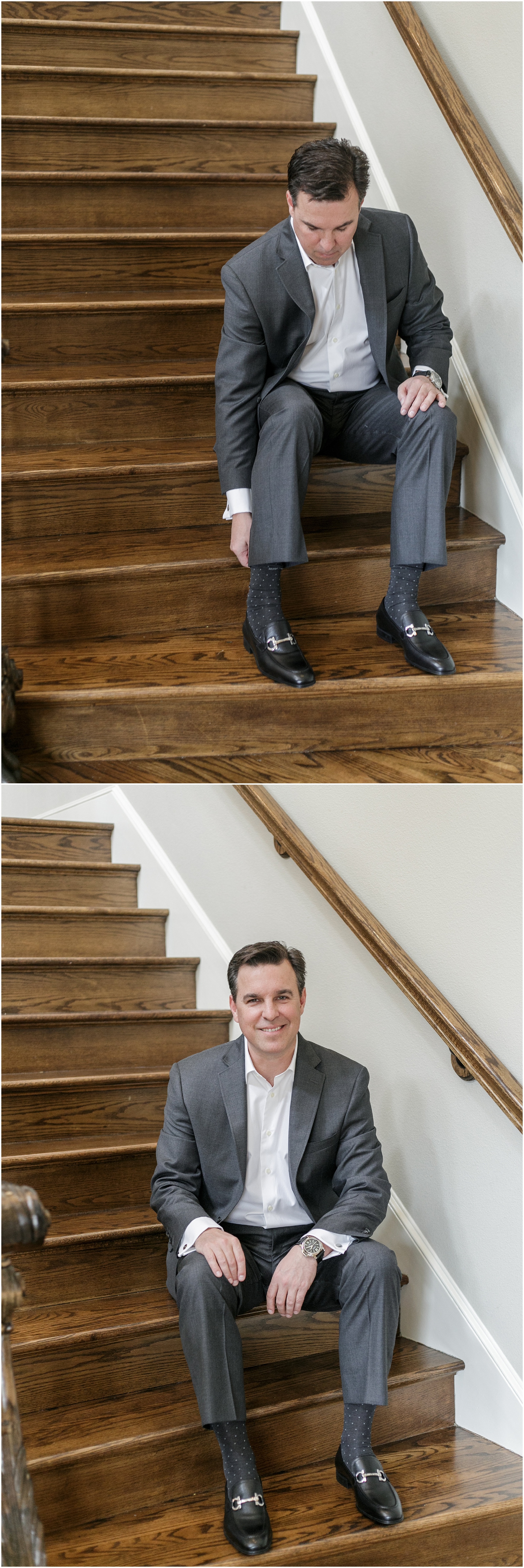 Groom putting on his shoes while sitting on the stairs. 