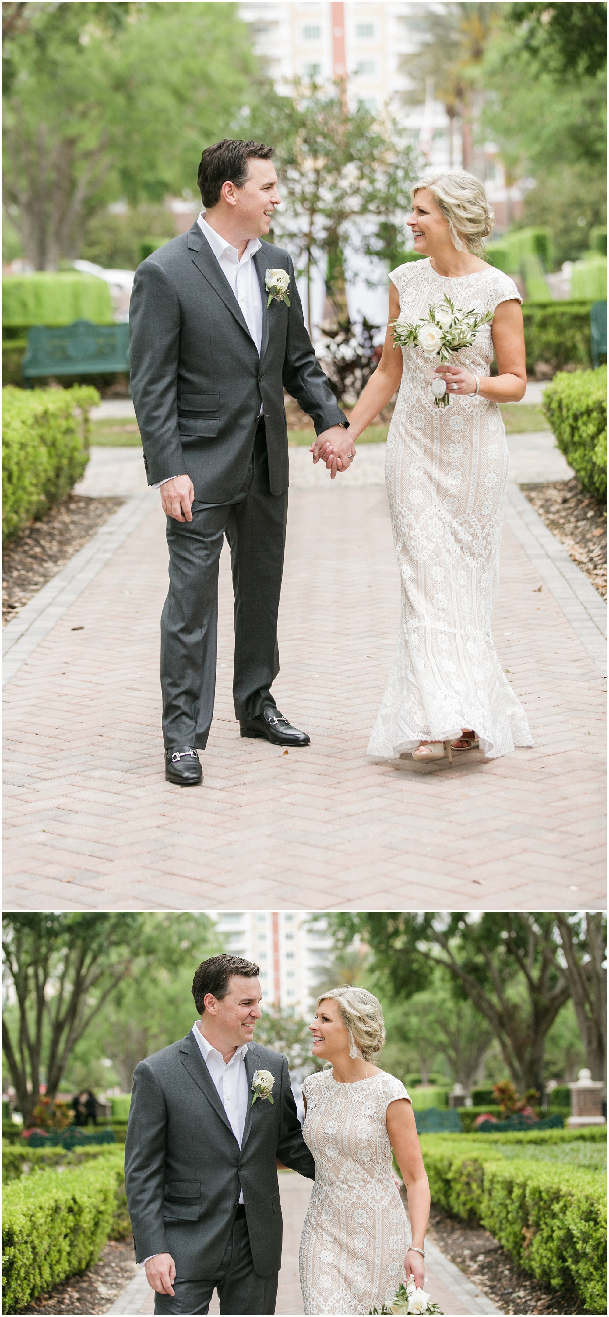 Couple walk hand and hand while smiling at each other after their wedding. 