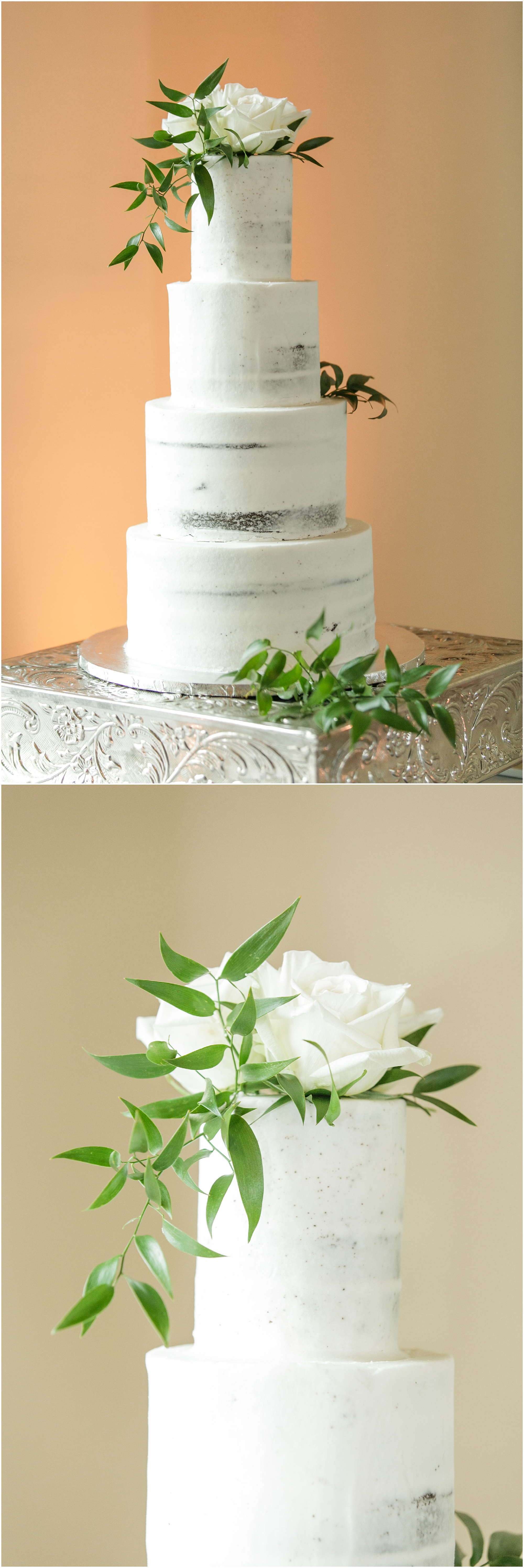 Simple 4-tier white wedding cake. 