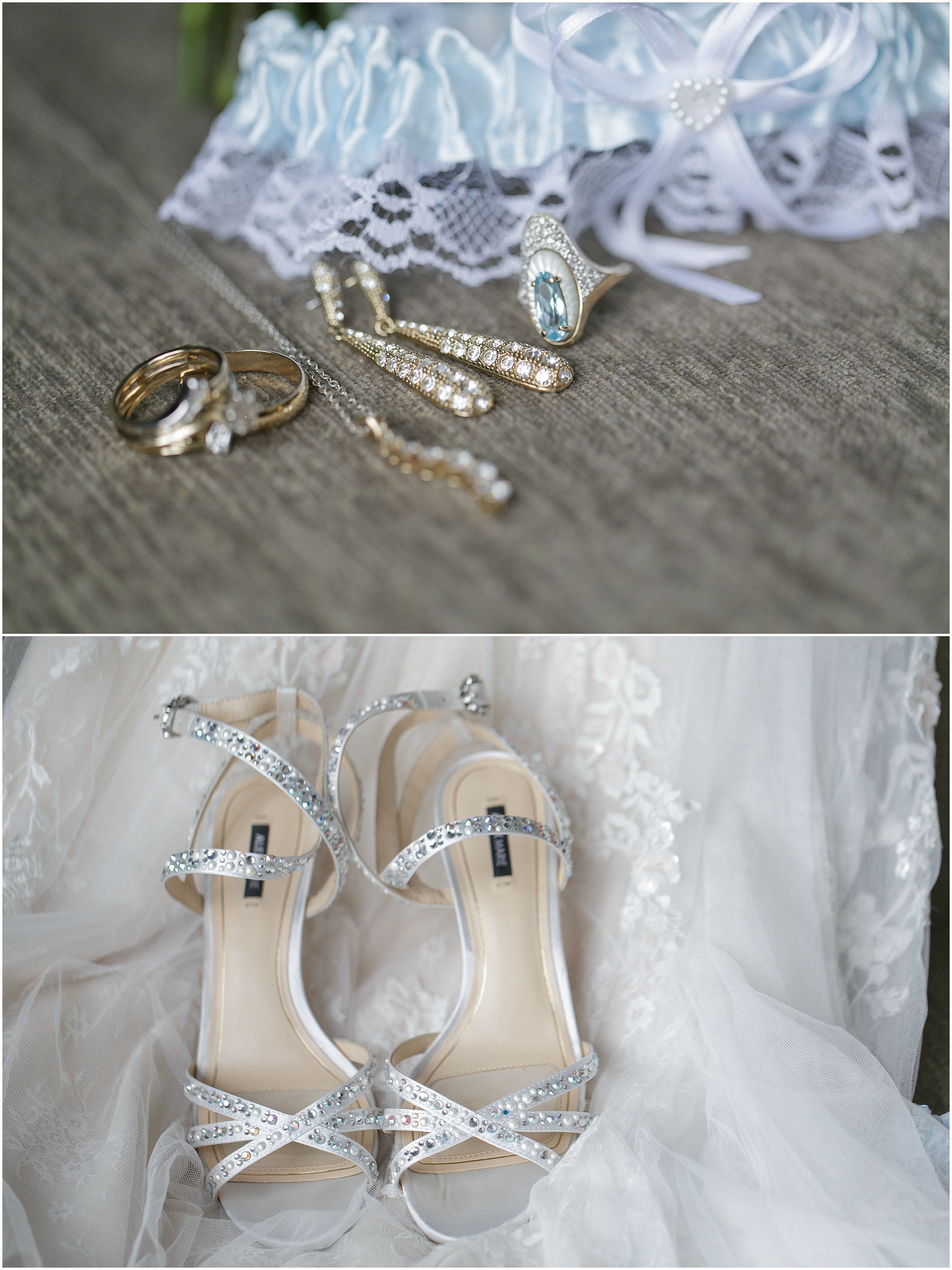 Bridal accessories like gold wedding rings, gold earrings and wedding shoes. 