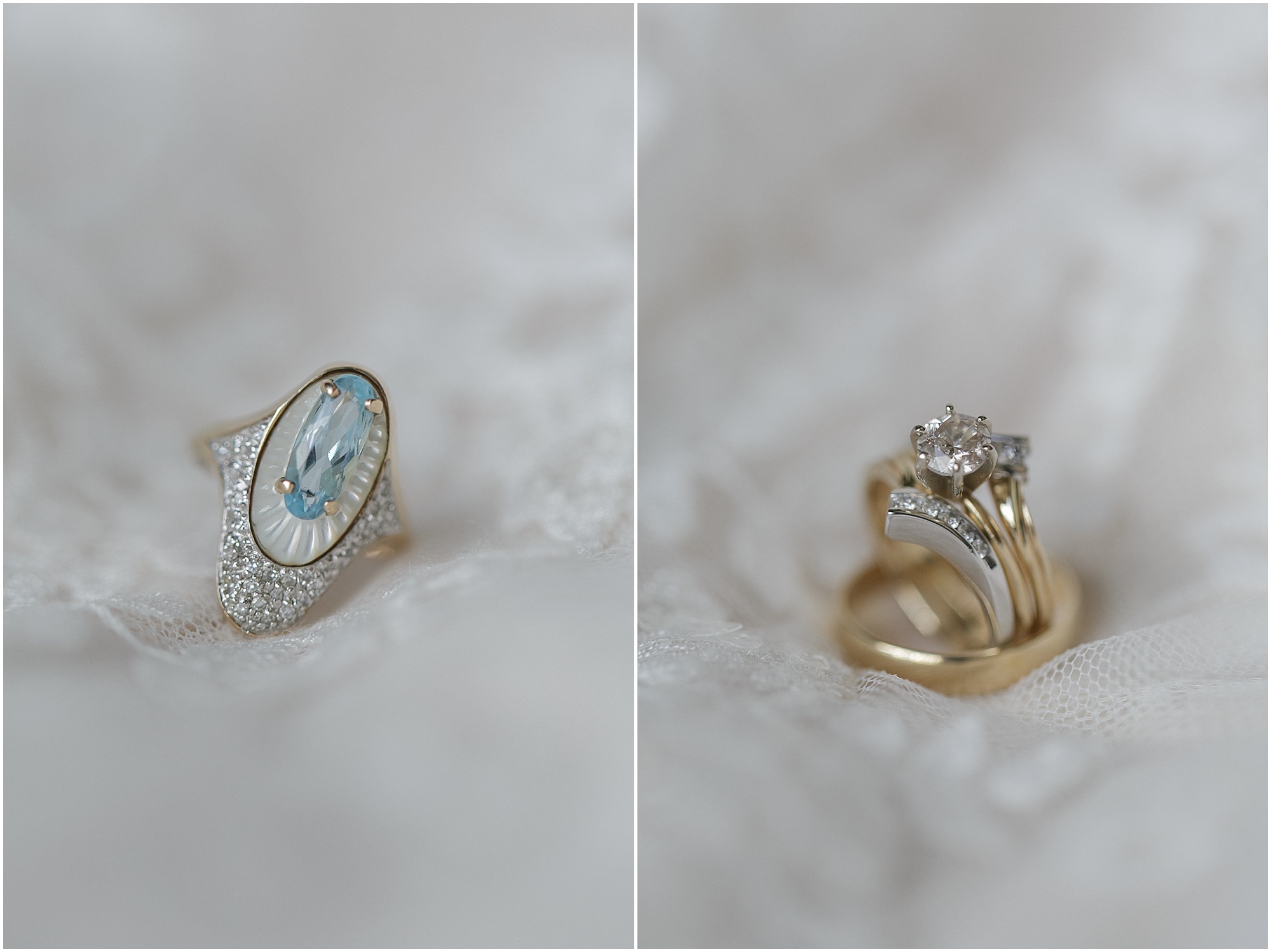 An antique blue ring and gold weddings rings. 