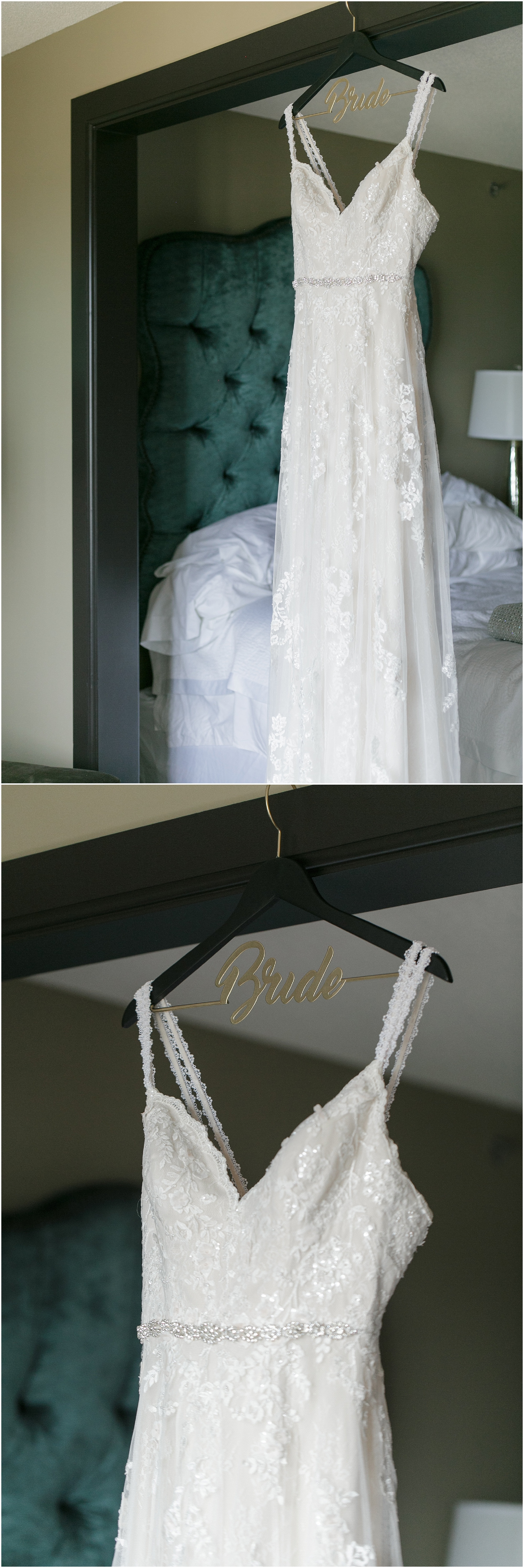 White wedding dress hanging from the doorway and a closeup of the hanger that says bride. 