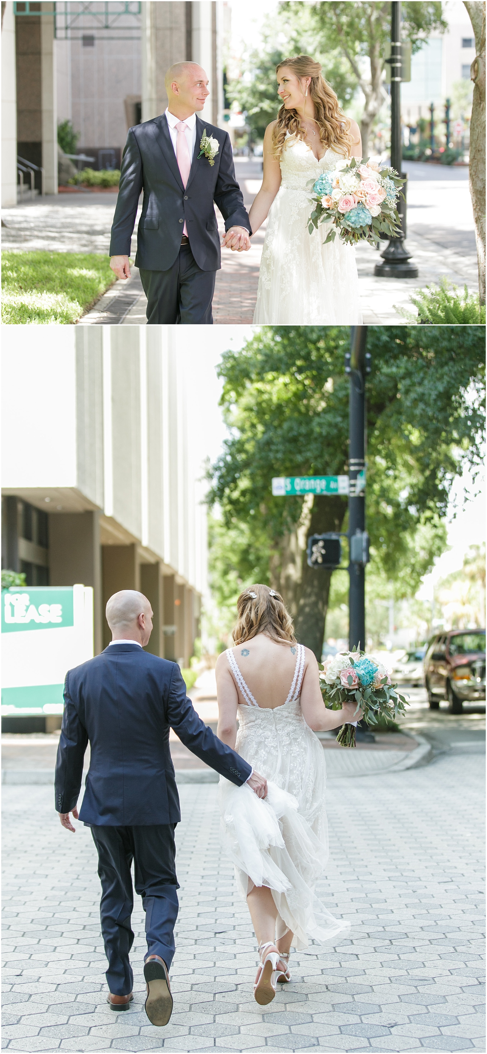 Bride and groom walking down the streets of downtown Orlando. 
