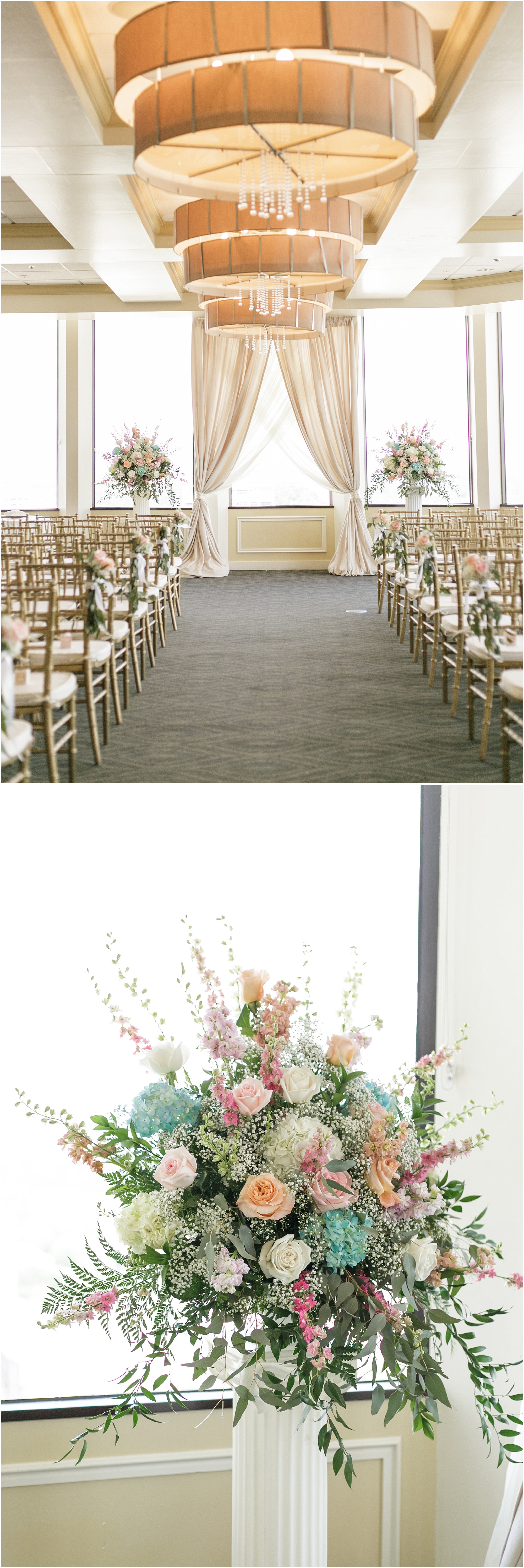 Large chandeliers leading the way to the front of the aisle. 
