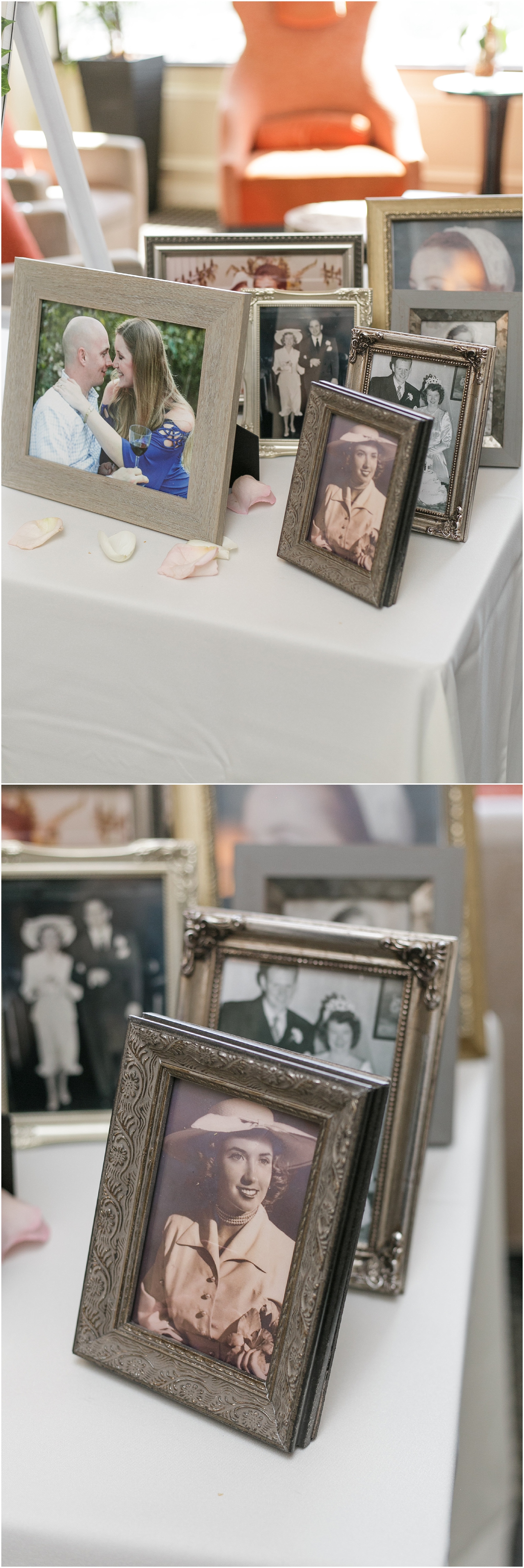 Family wedding photos used to decorate welcome table. 