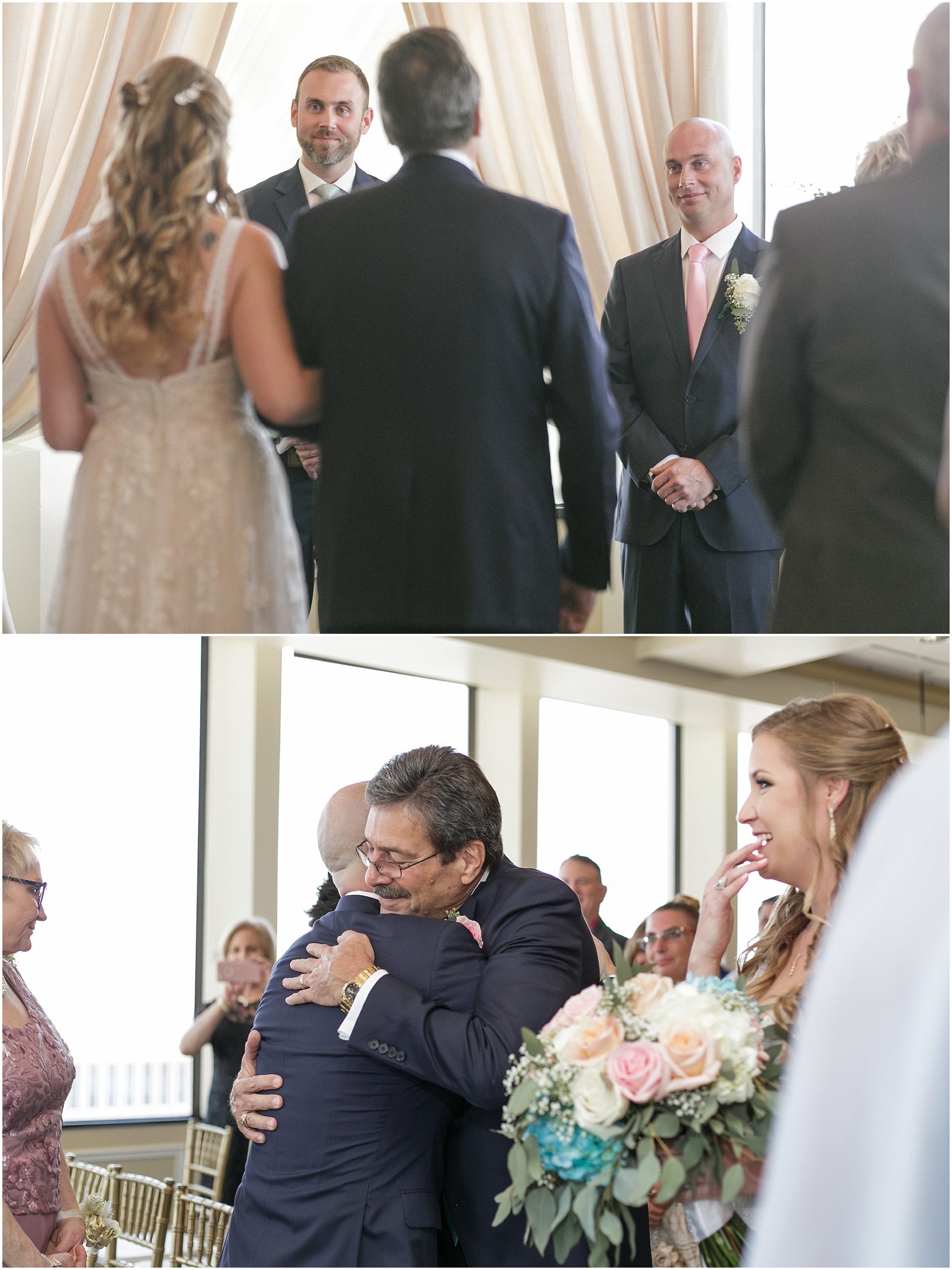 Groom greets the bride and her dad at the front of the aisle. 