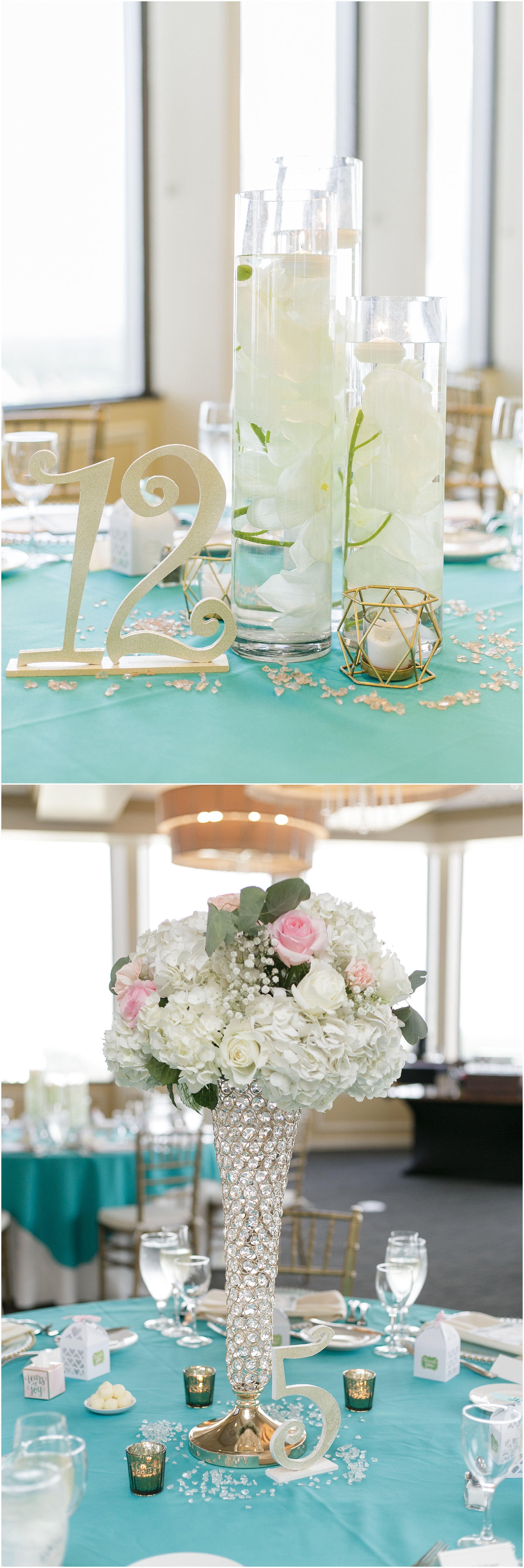 Centerpieces of white flowers and gold accents. 