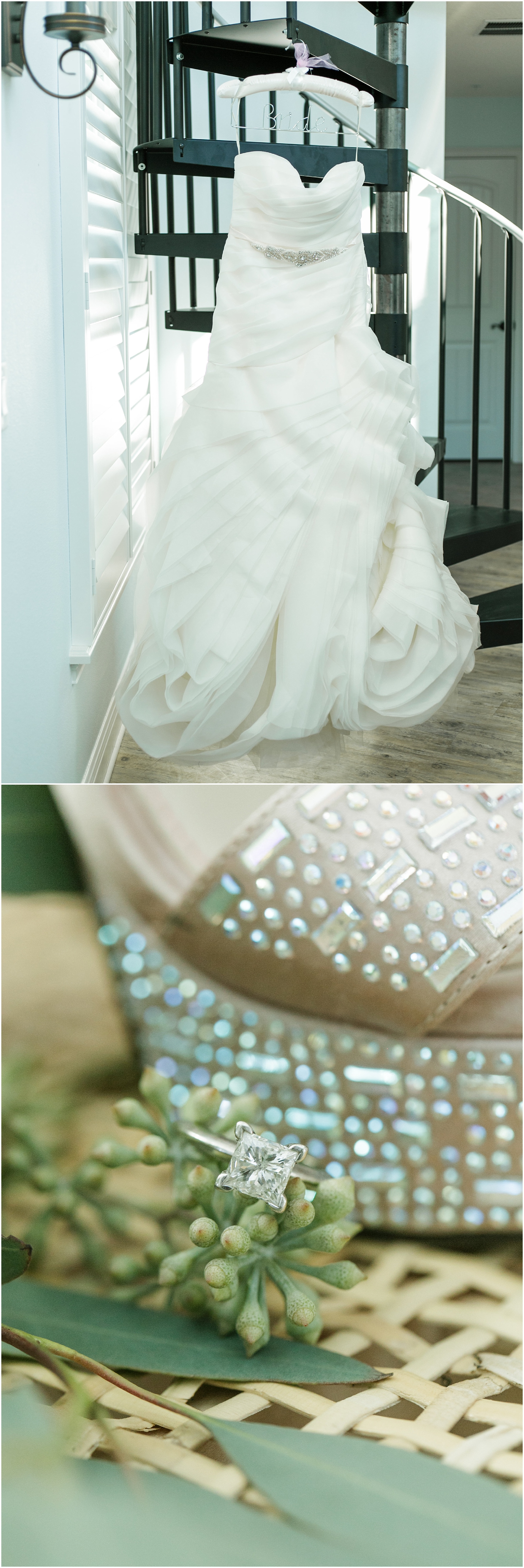 Wedding dress hanging from a spiral staircase and a close up of the brides wedding ring. 