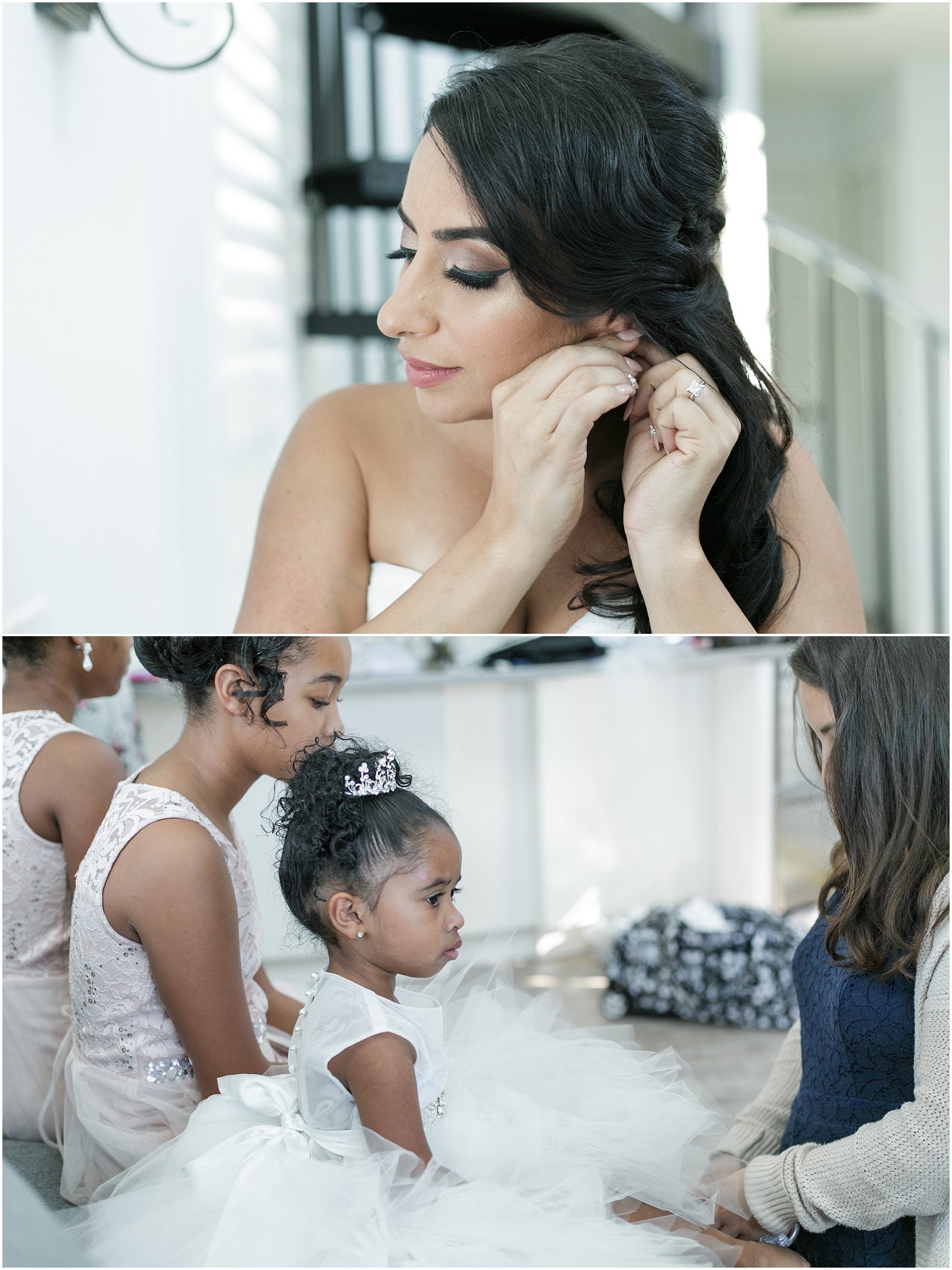 The bride putting on her earrings and the flower girl getting ready for the ceremony. 