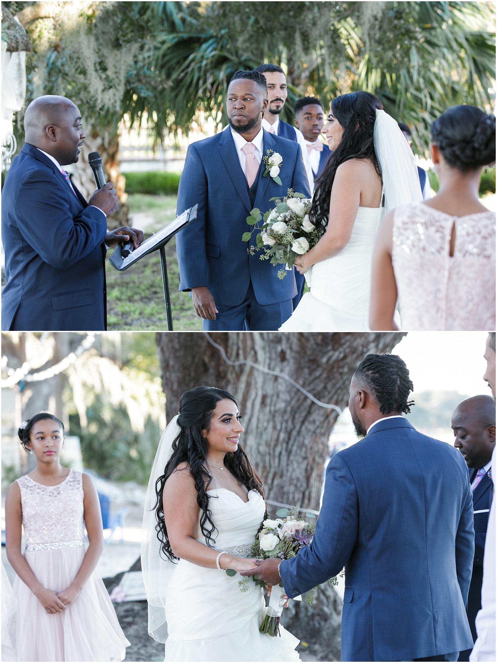 Bride and groom say their wedding vows to each other. 
