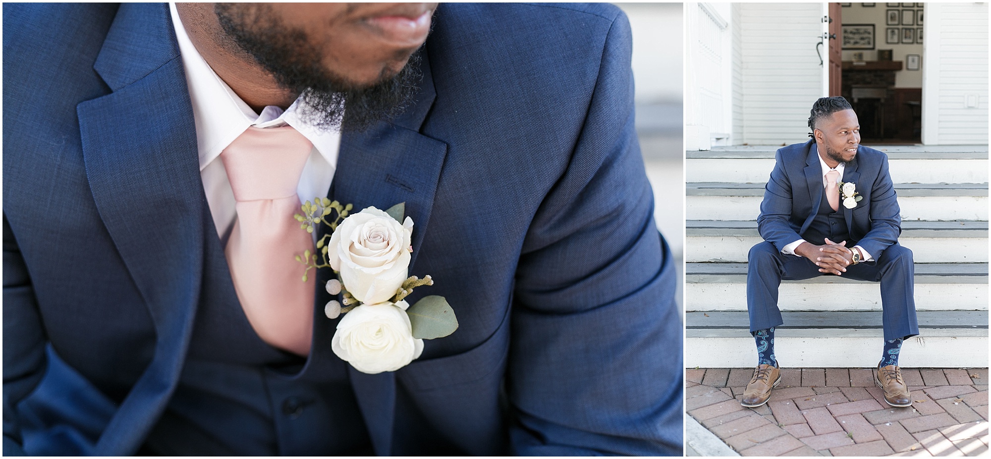 Close up of the grooms boutonniere while he's sitting on the steps.