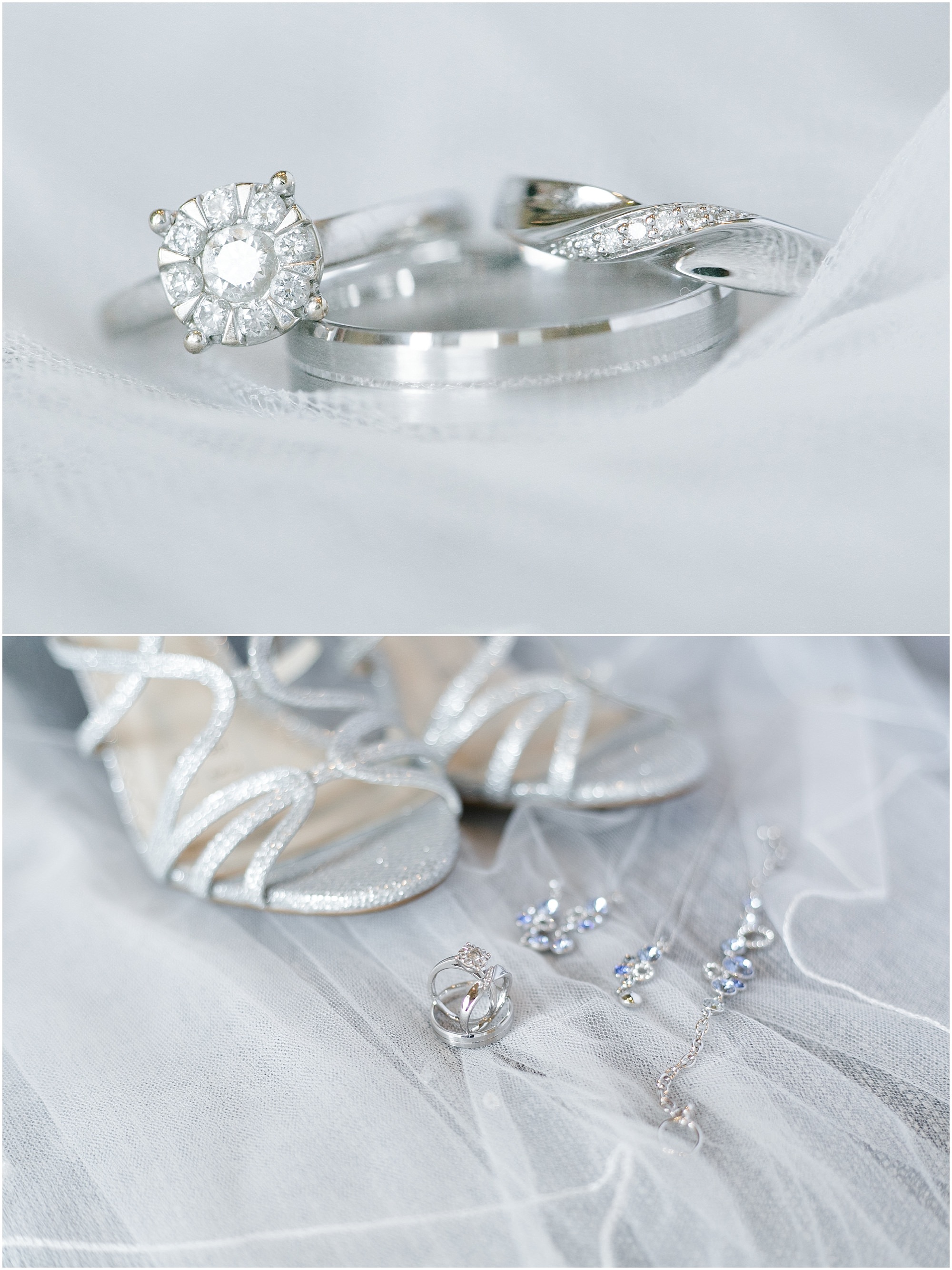 Romantic weekend brunch wedding rings, jewelry, and bride's shoes. 