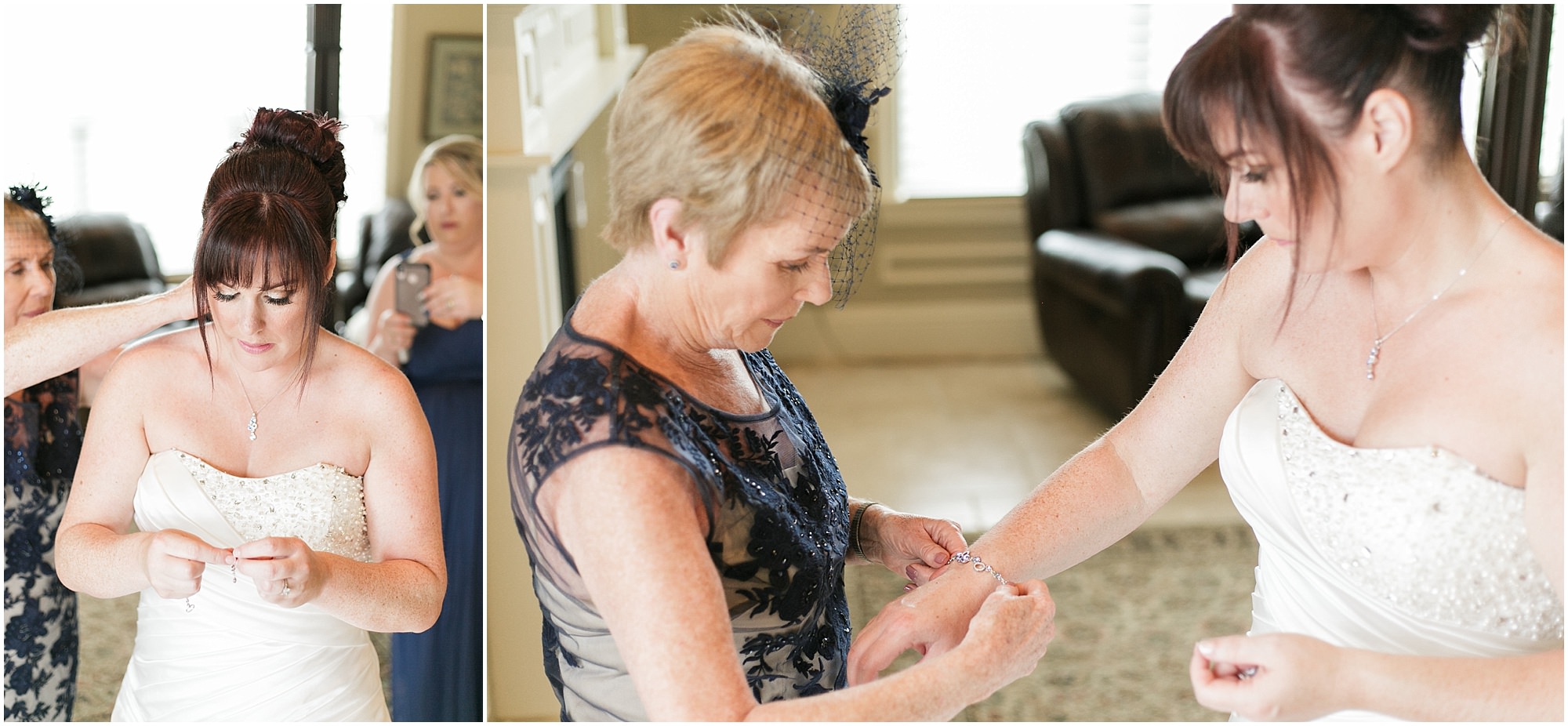 Bride putting on jewelry with the help of her mother. 