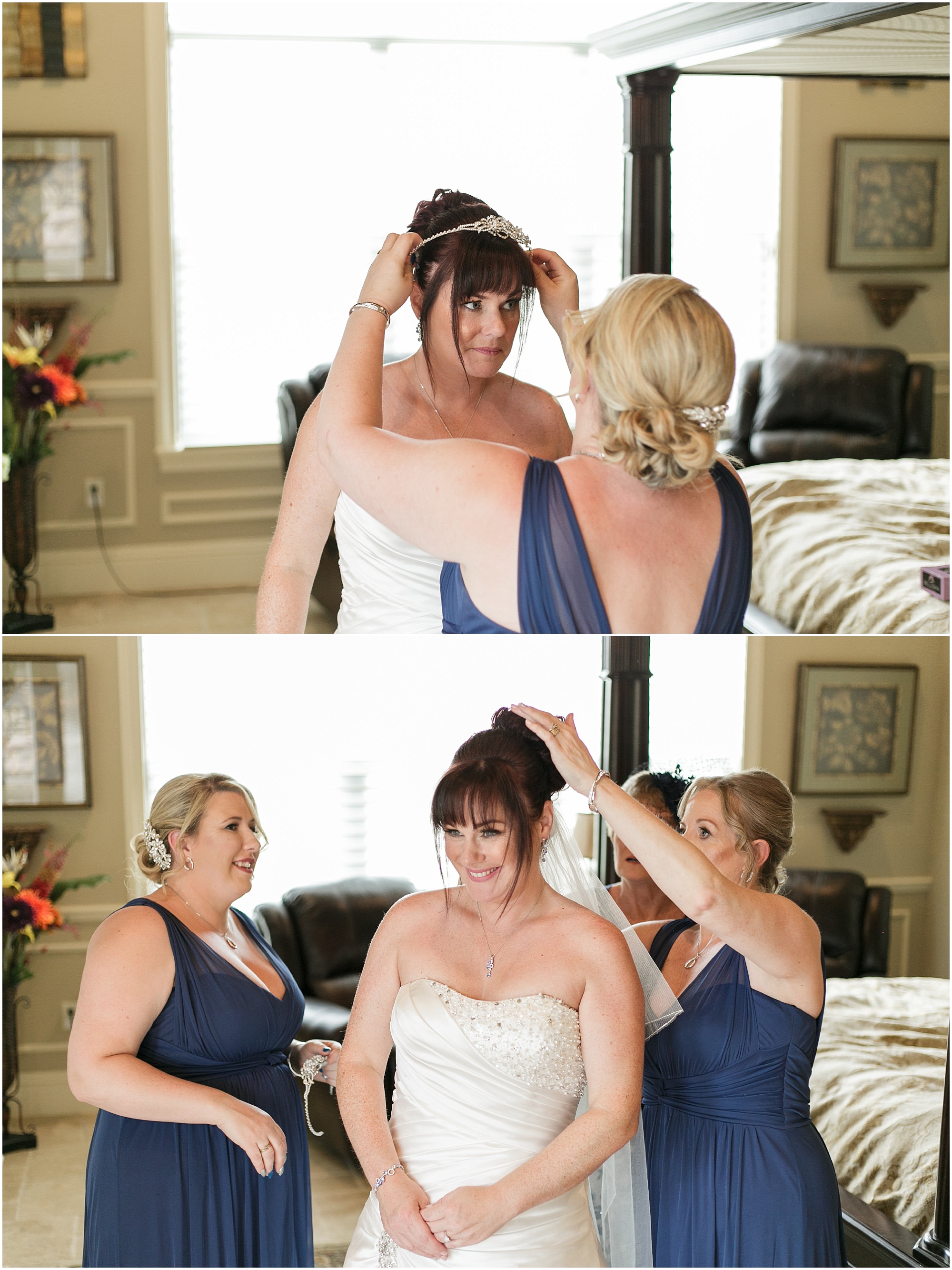 Bride having her veil put on with the help of her mom