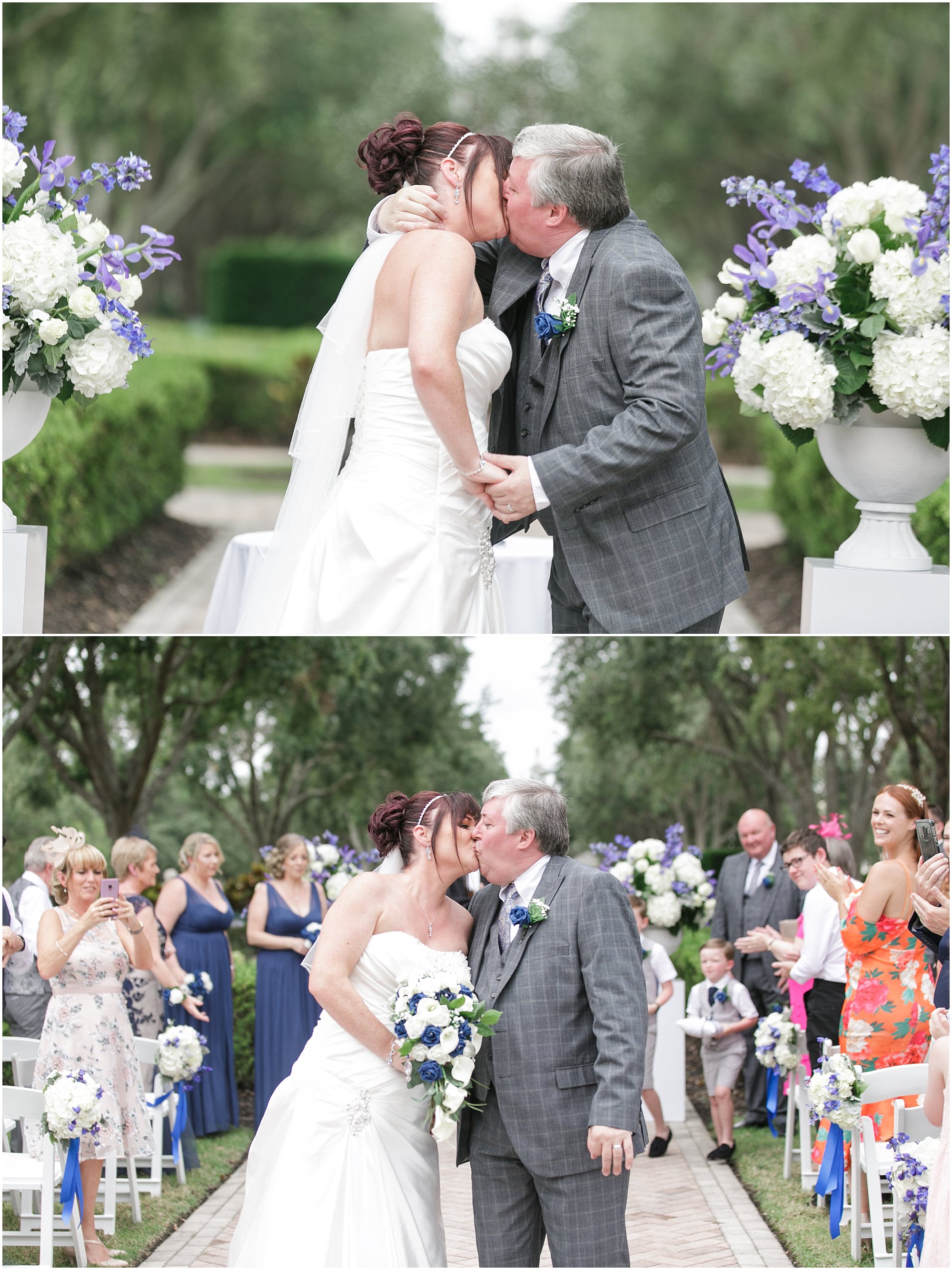Bride and groom sharing their first kiss as husband and wife. 