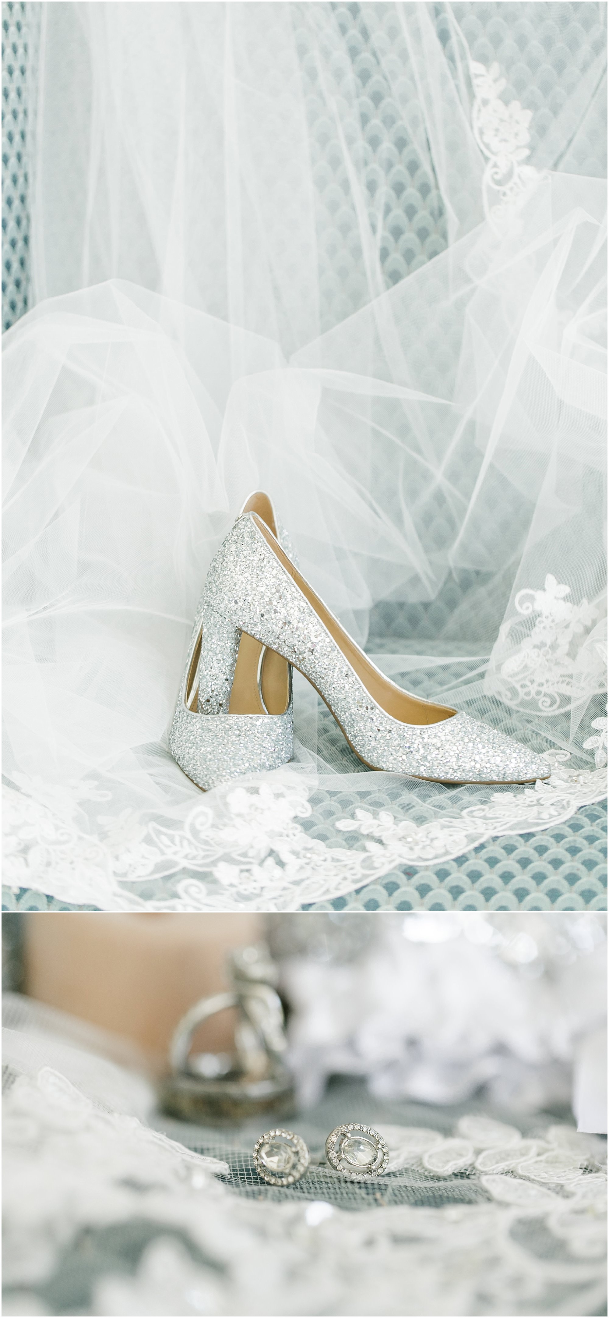 Silver glitter wedding shoes on top of a lace veil and diamond earrings. 