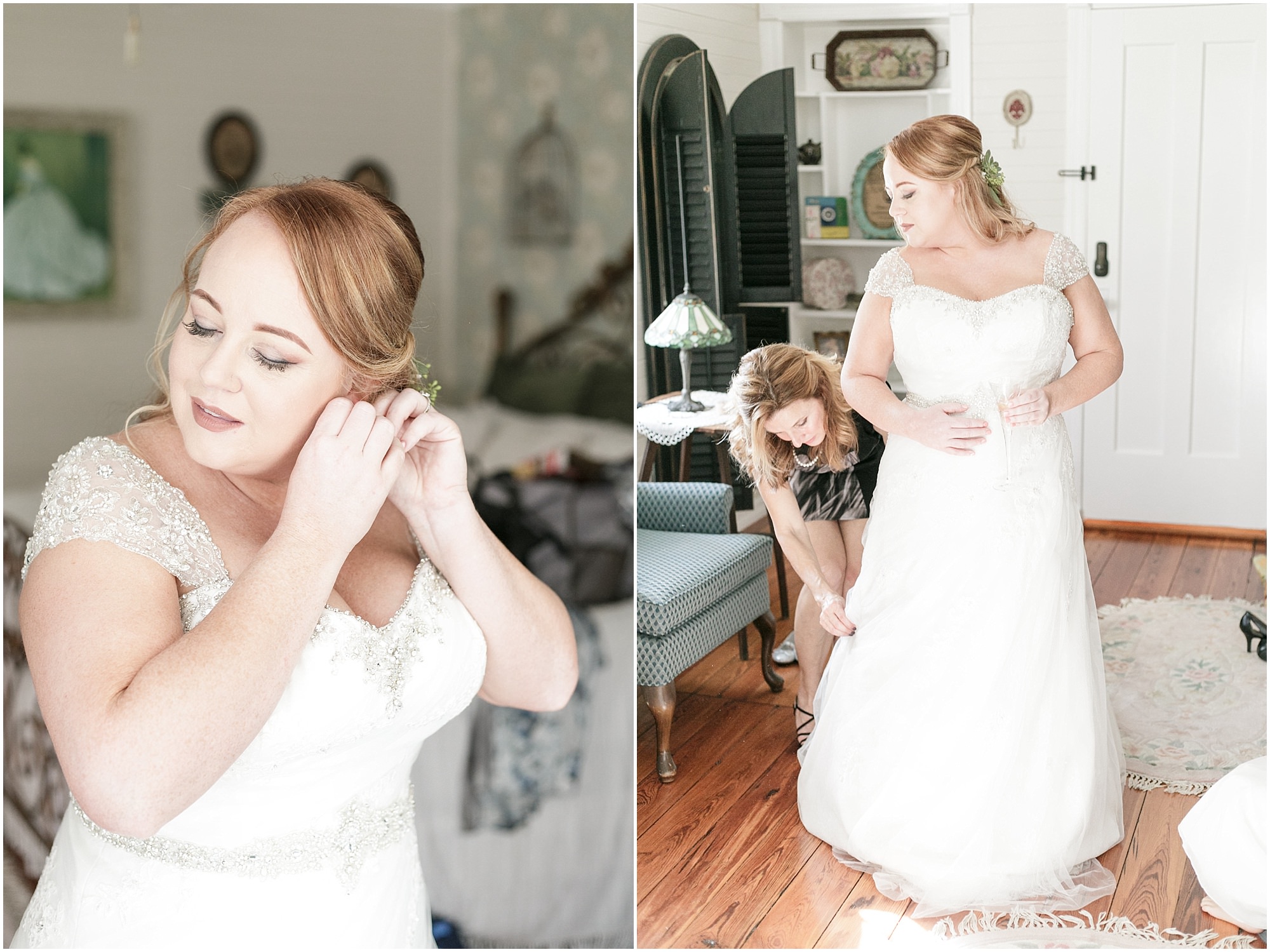 Bride putting on her earrings and bridesmaid helping her with the bottom of her dress. 
