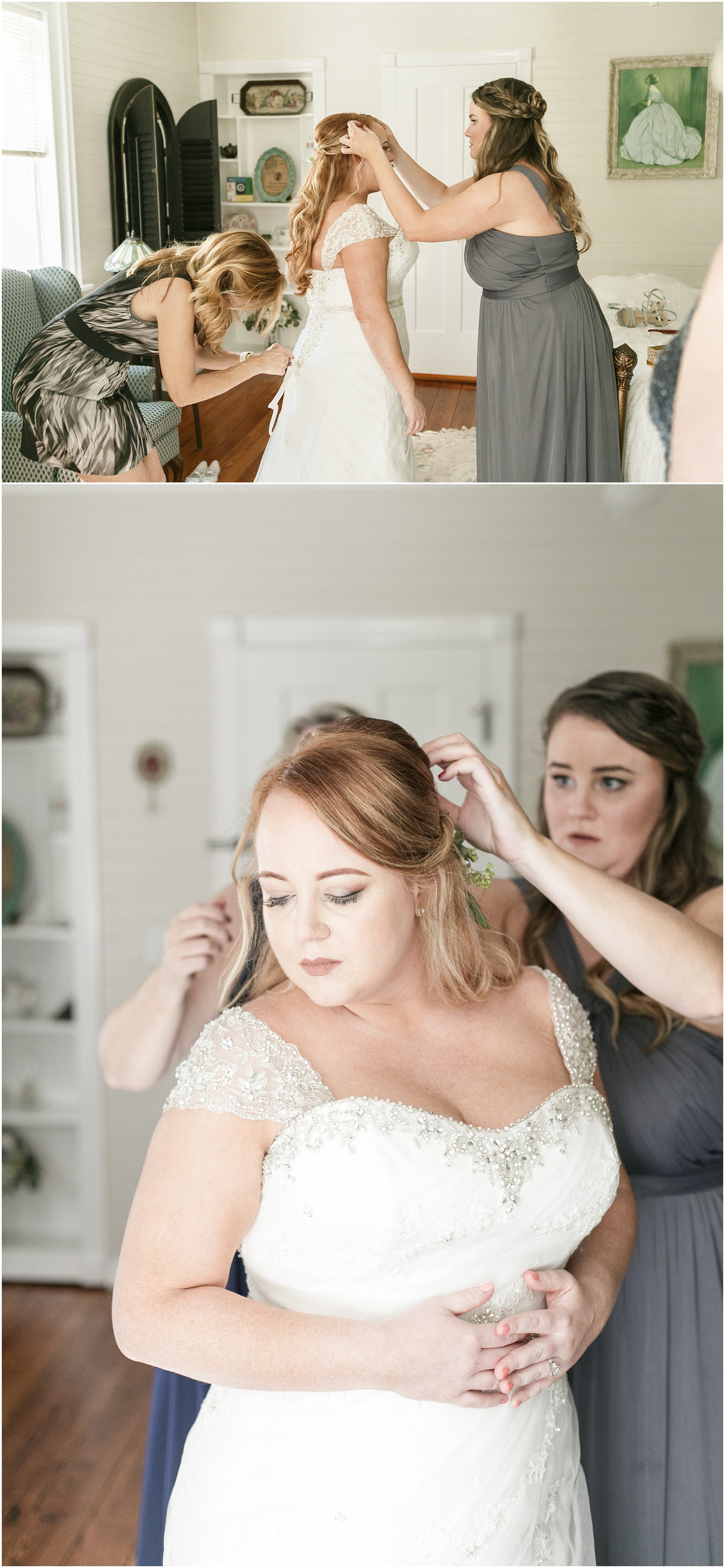 Bridesmaids helping to put the finishing touches on the brides hair. 
