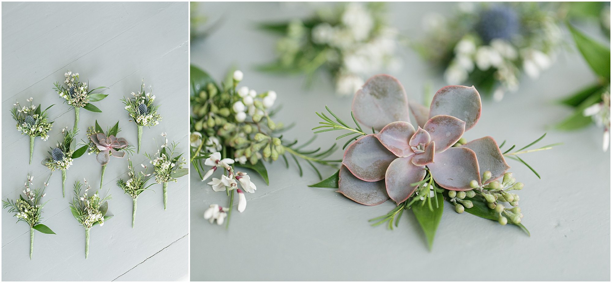 Succulent and baby's breath boutonnieres for the groom and groomsmen. 