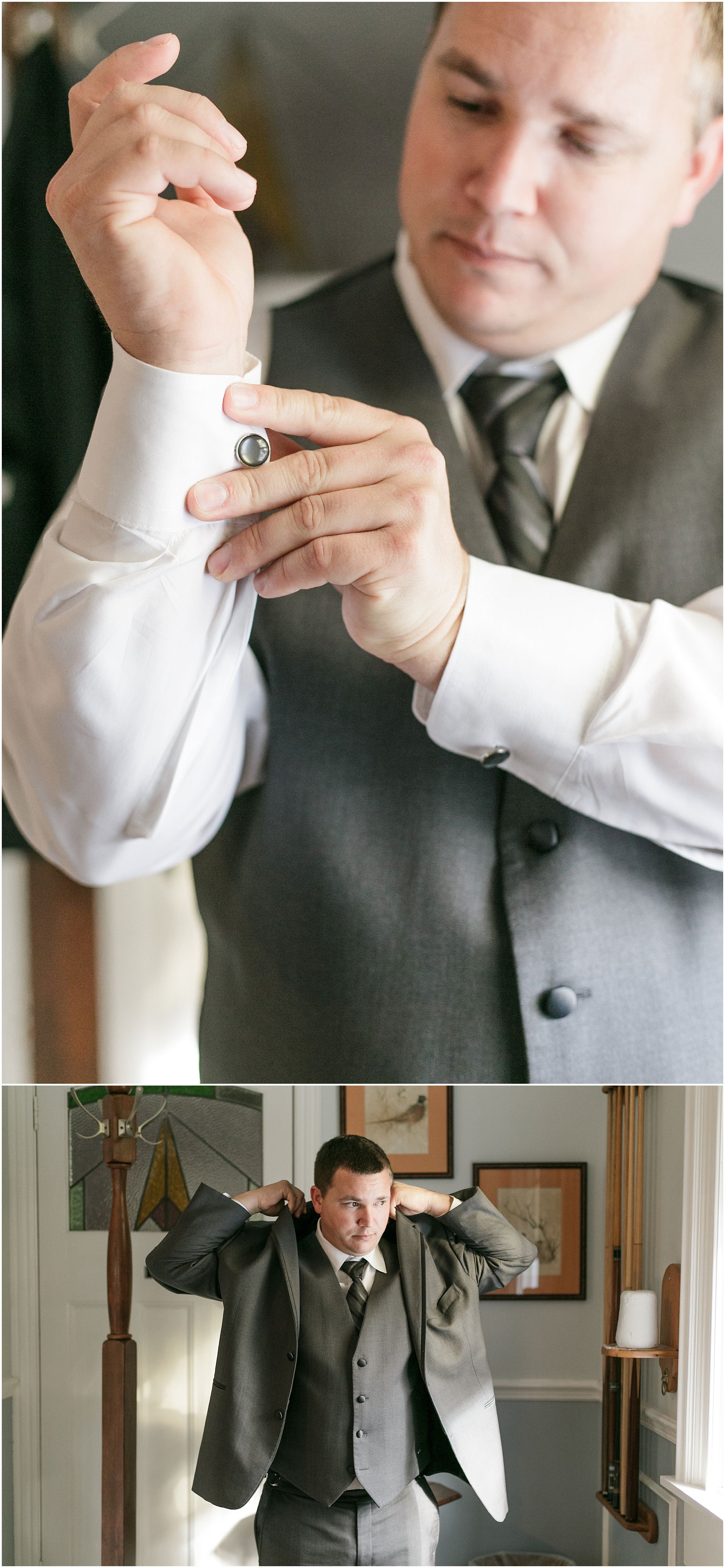 Groom putting his cufflinks and jacket on. 