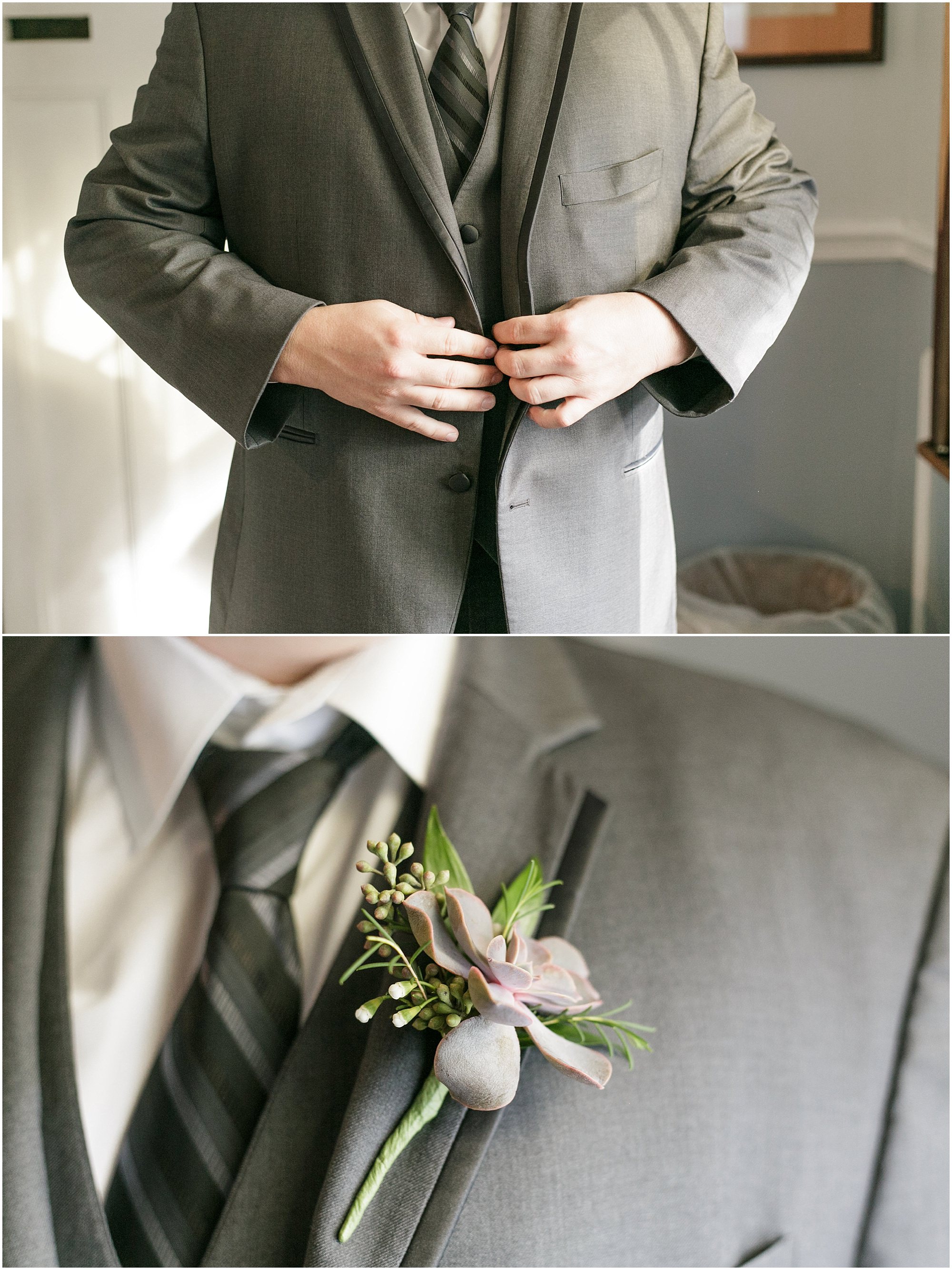 Groom with his dark gray suit and succulent boutonnière. 