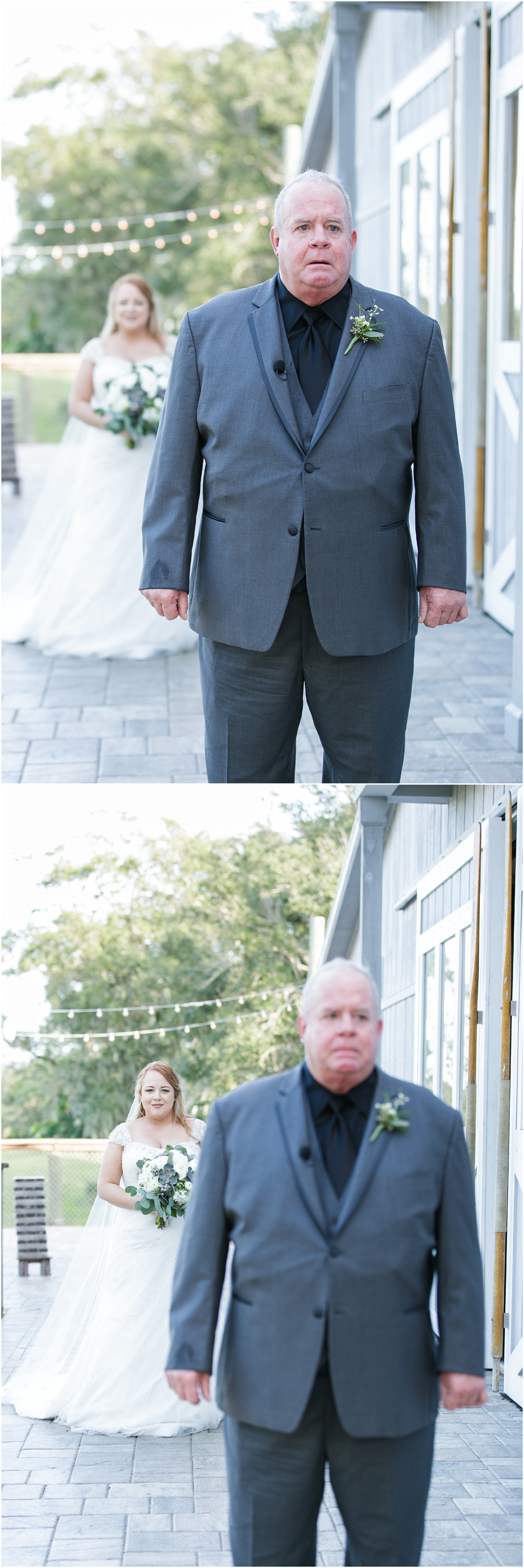 Father of the bride waiting to be surprised by his daughters wedding day look. 