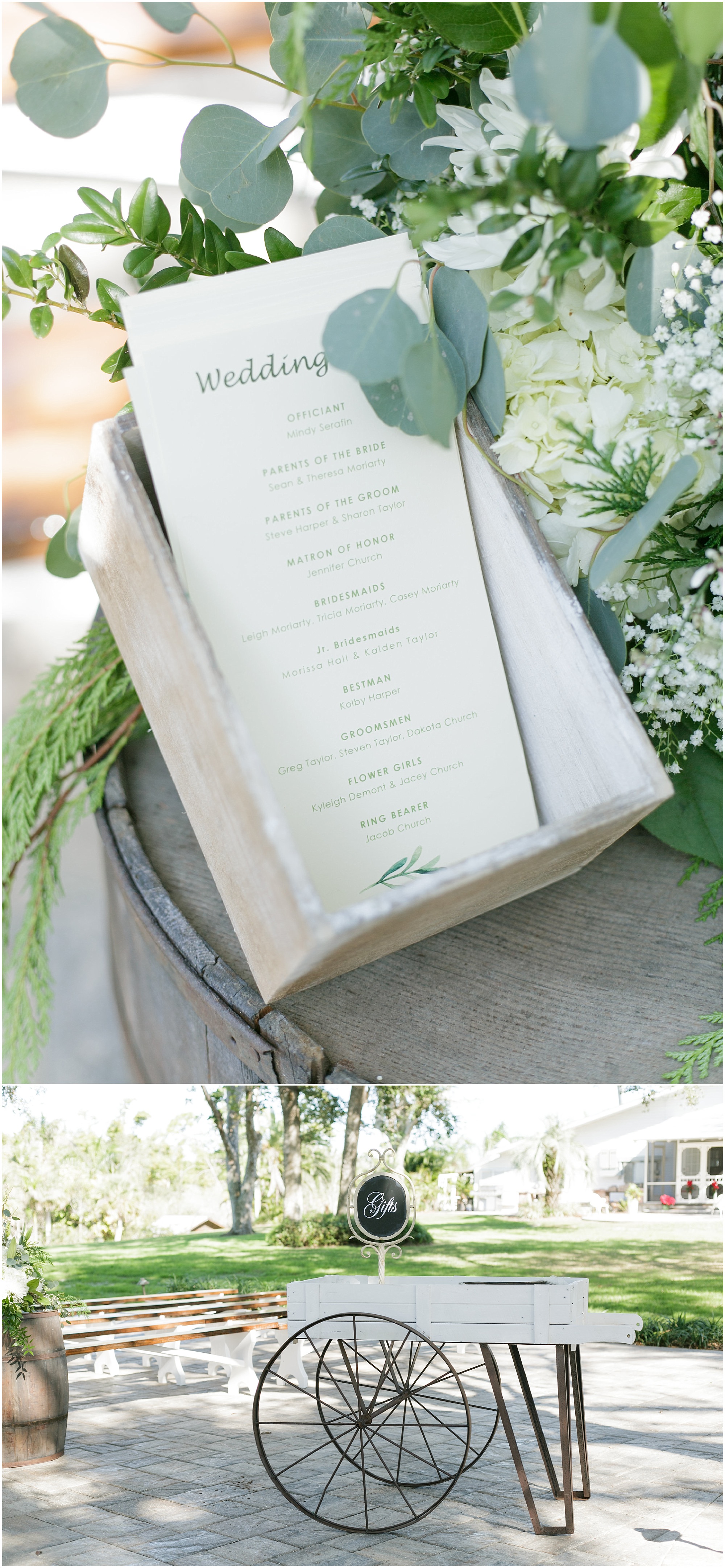 Rustic wedding programs and gift stand made from a wagon. 
