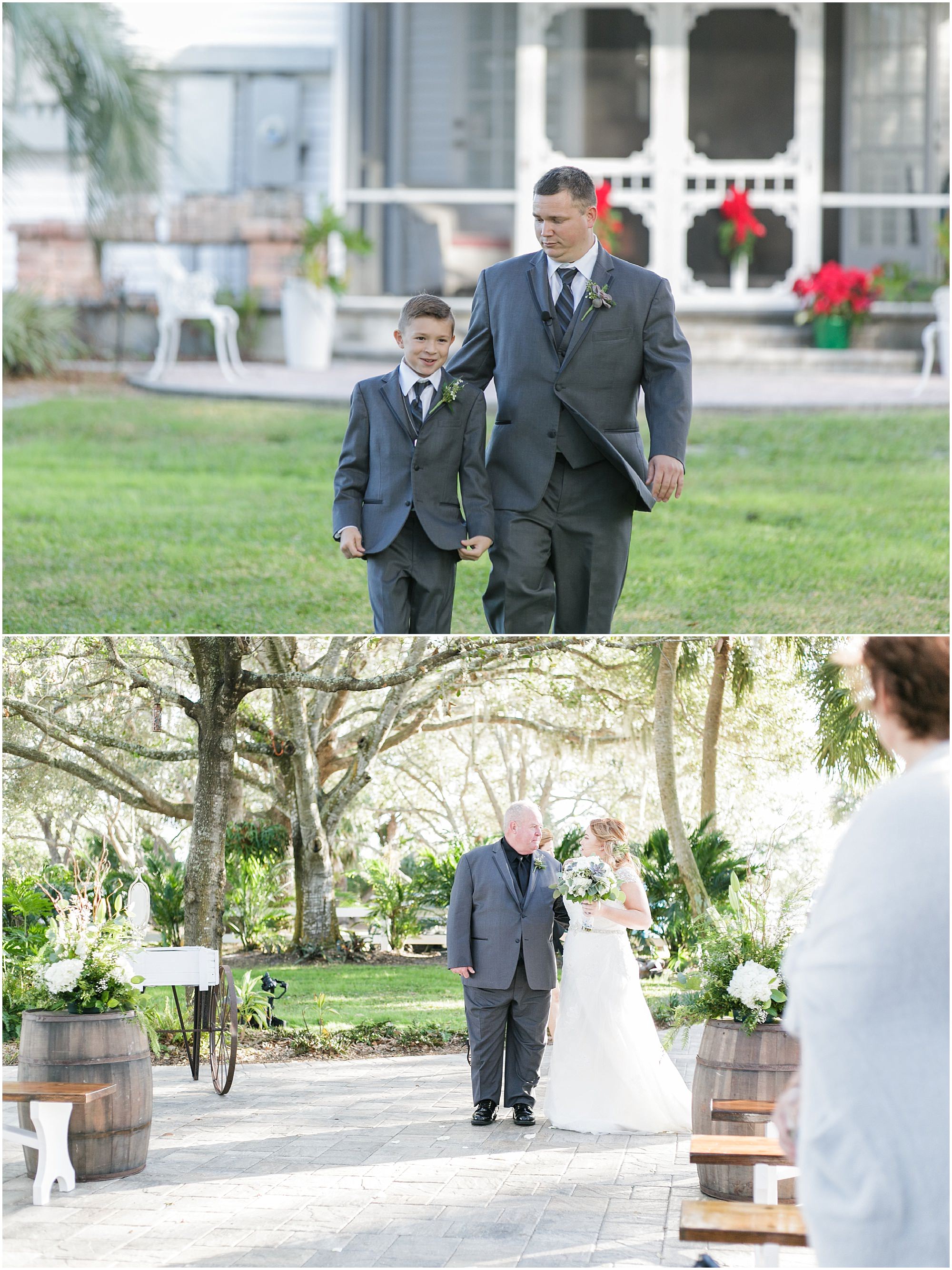 Father and son walk down the aisle and then bride and her father walk down the aisle. 