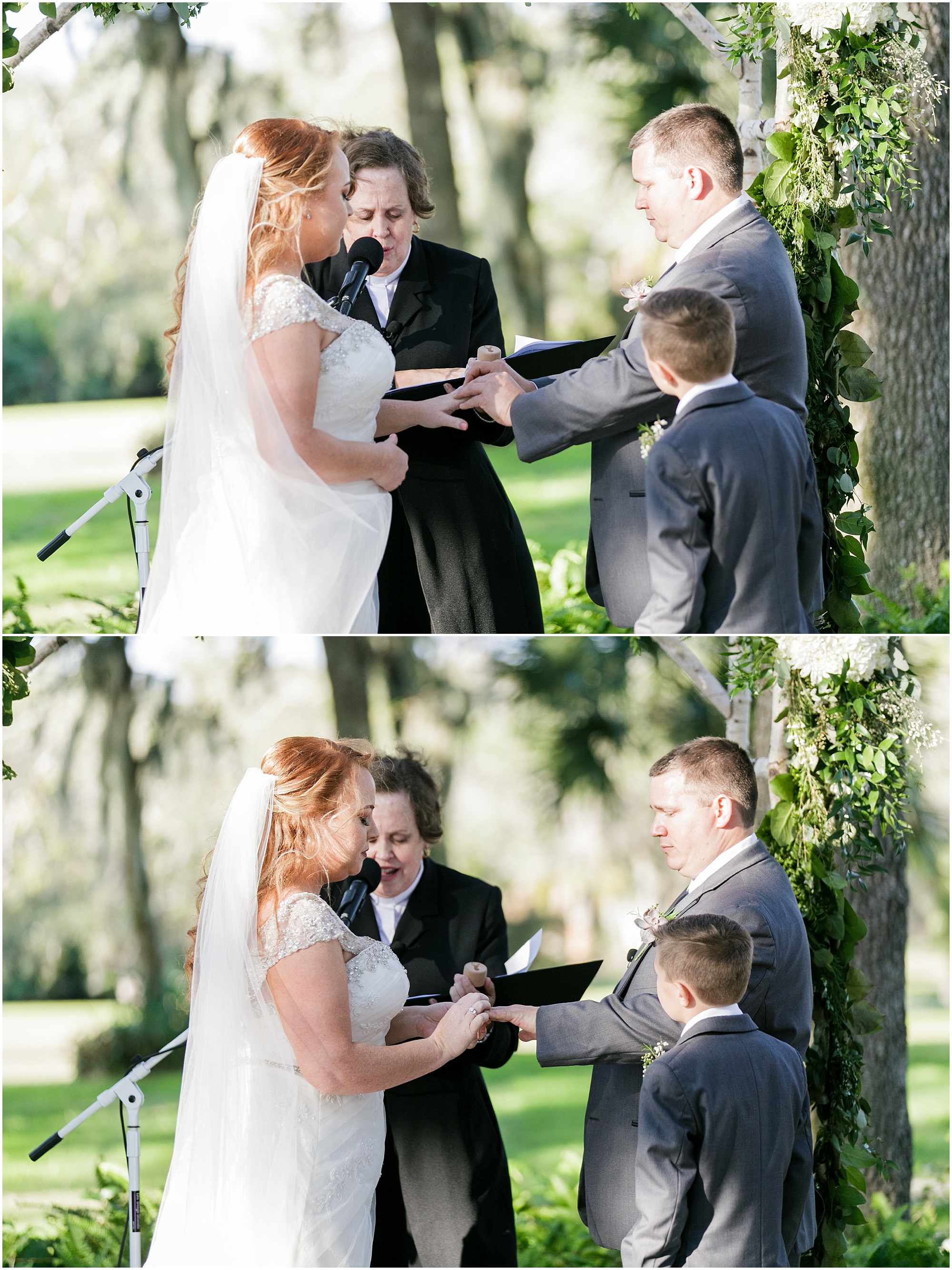 Bride and groom say their vows to each other at wedding. 
