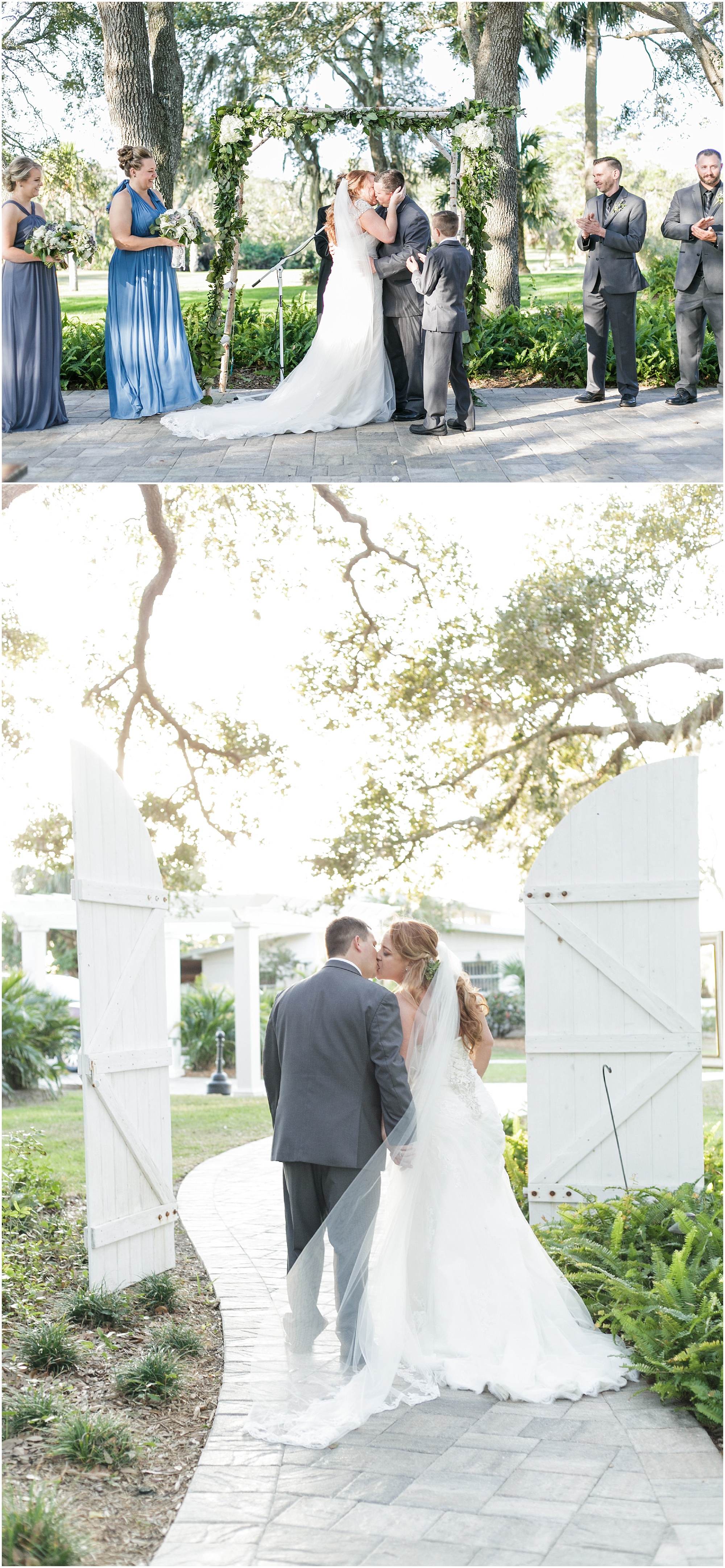Couple kiss for the first time as husband and wife and leave the ceremony. 